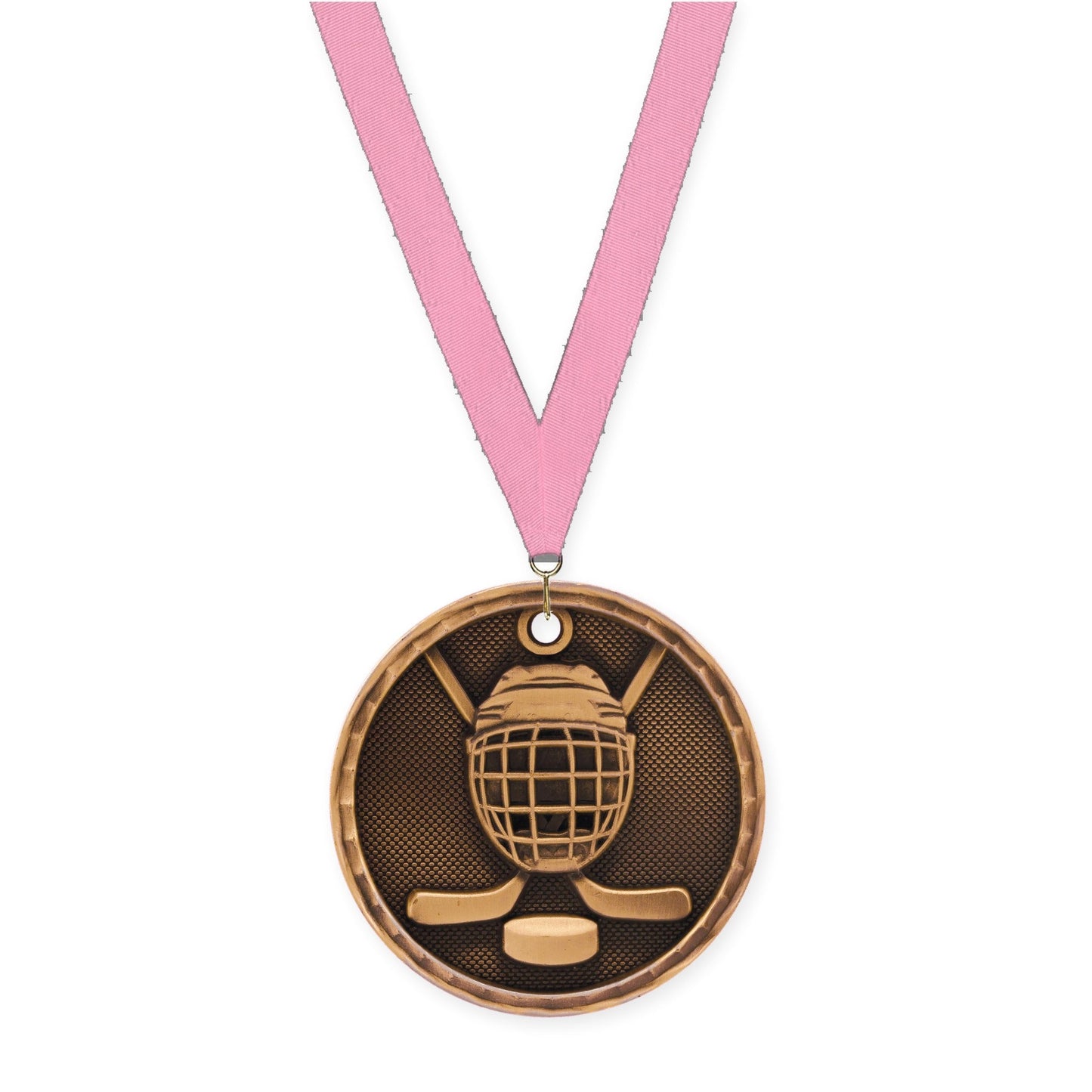 2 inch hockey 3-D medal in antique bronze with Pink neck ribbon