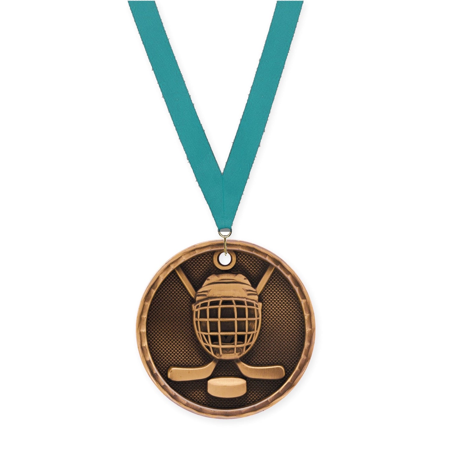 2 inch hockey 3-D medal in antique bronze with Teal neck ribbon