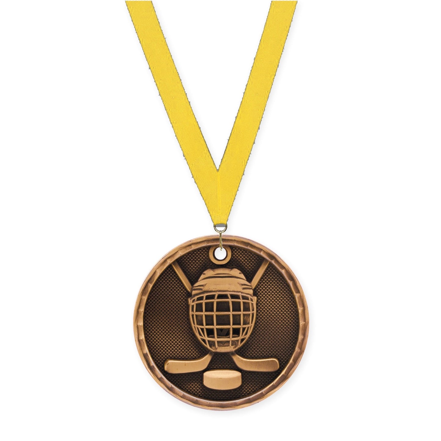 2 inch hockey 3-D medal in antique bronze with Yellow neck ribbon