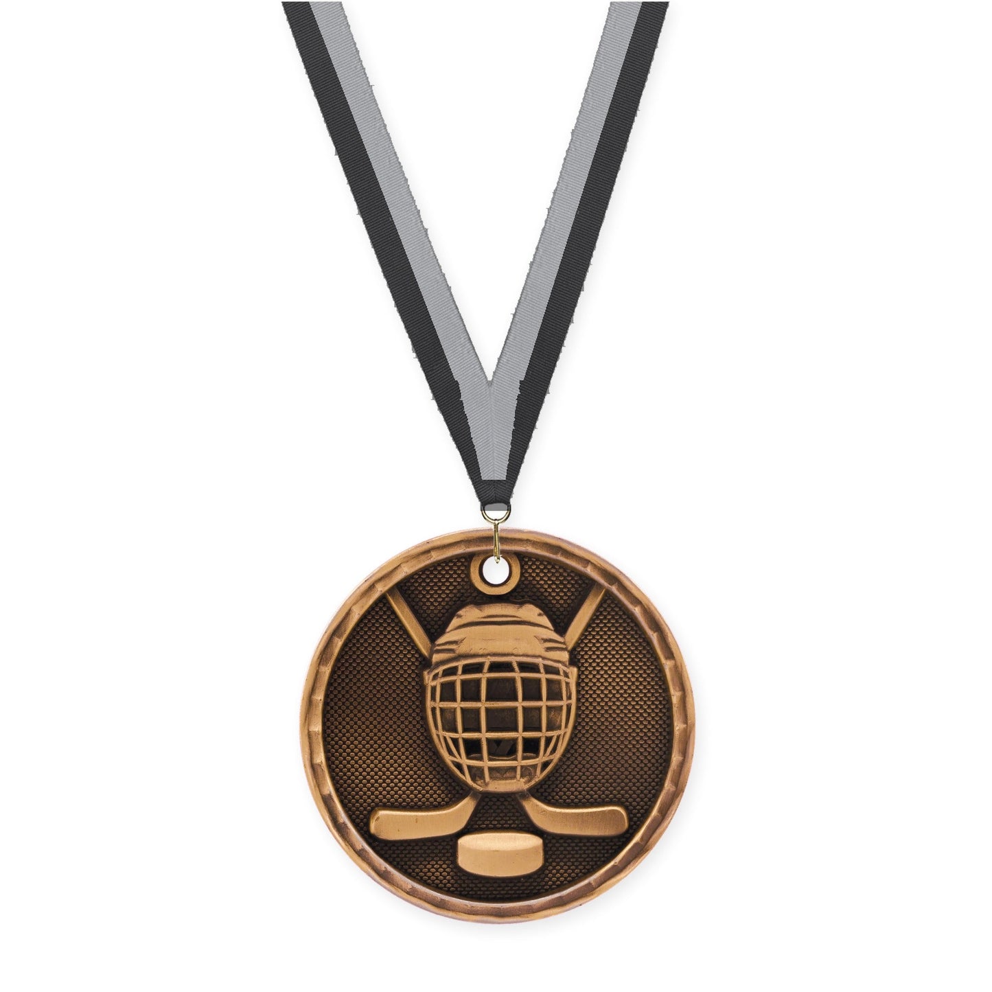 2 inch hockey 3-D medal in antique bronze with Black Gray neck ribbon