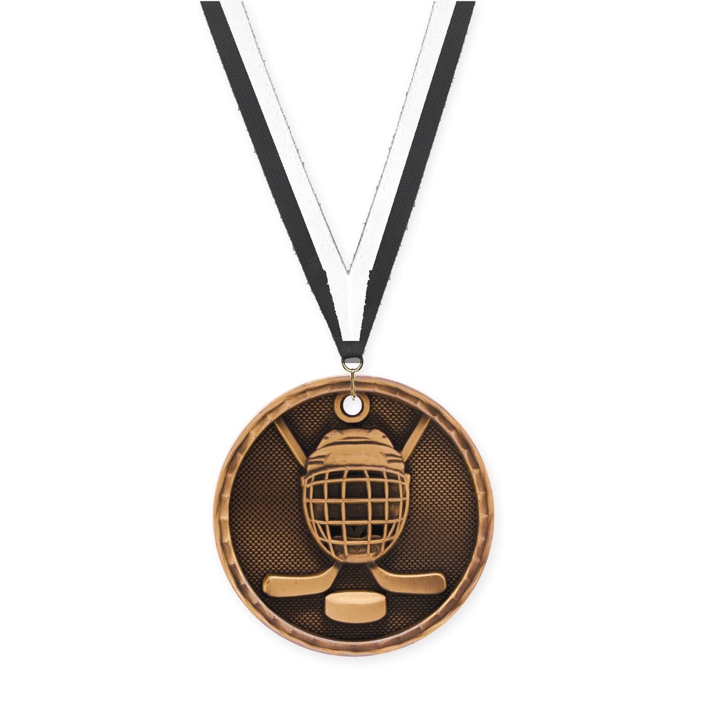 2 inch hockey 3-D medal in antique bronze with Black White neck ribbon