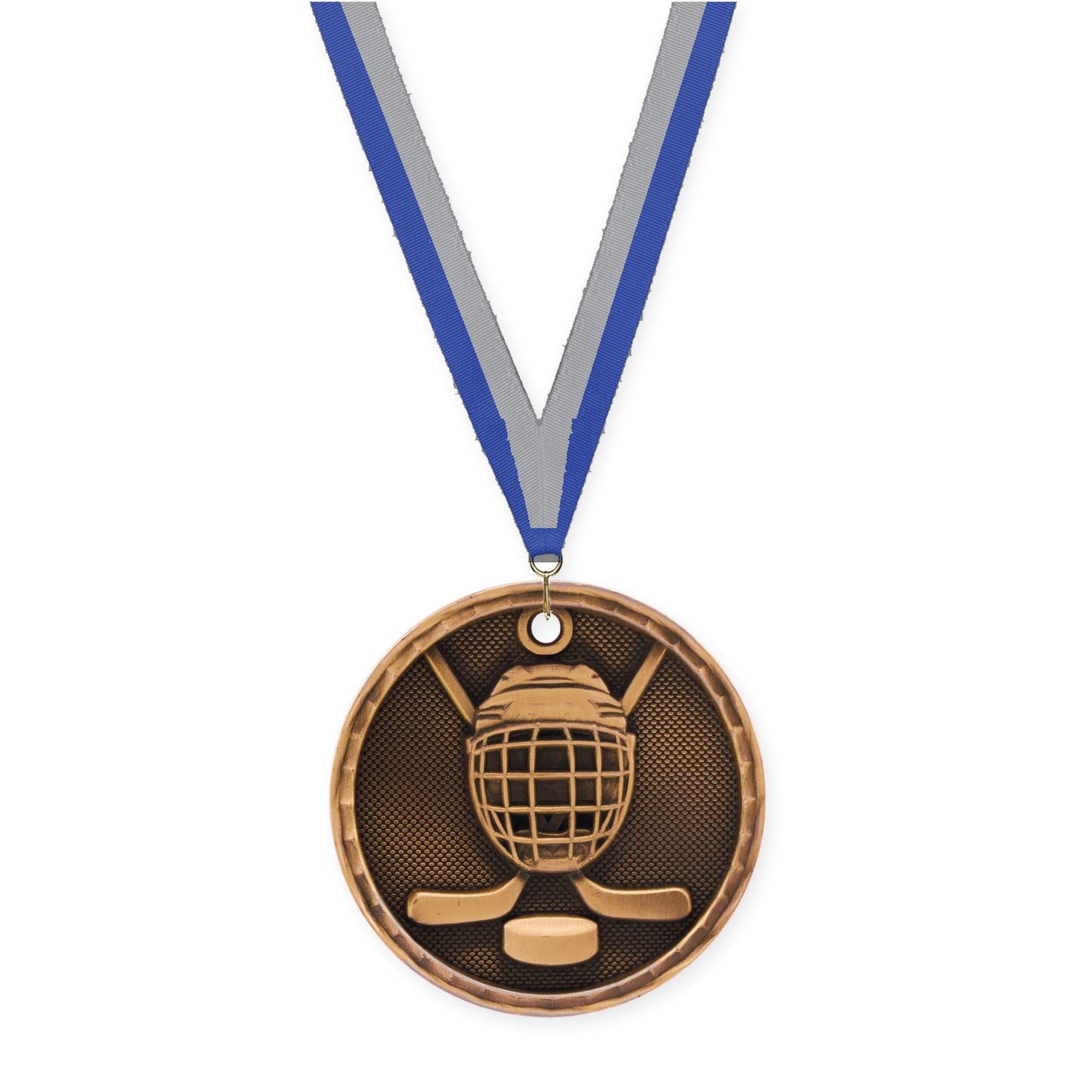 2 inch hockey 3-D medal in antique bronze with Blue Gray neck ribbon