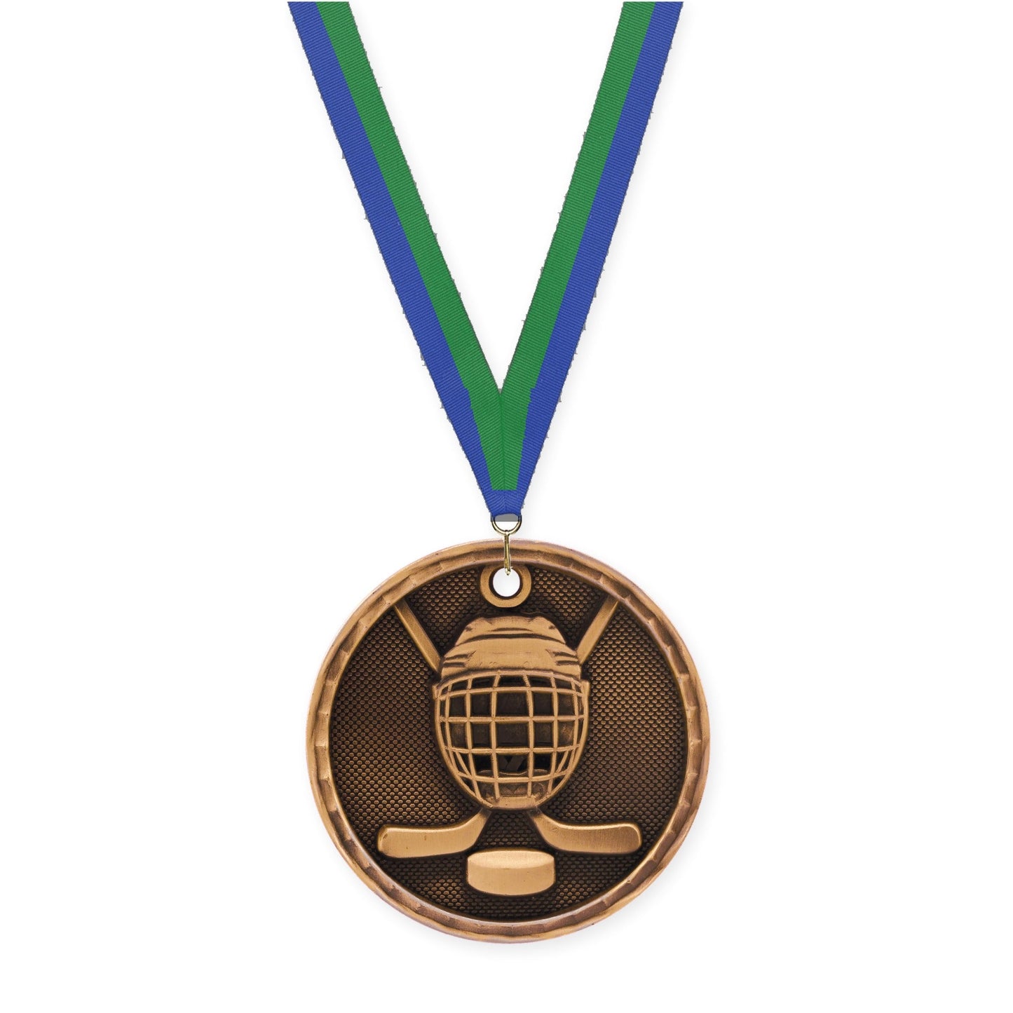 2 inch hockey 3-D medal in antique bronze with Blue Green neck ribbon