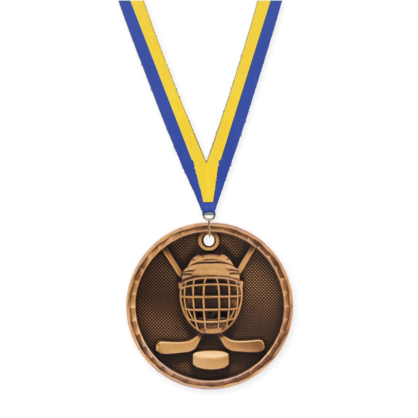 2 inch hockey 3-D medal in antique bronze with Blue Yellow neck ribbon