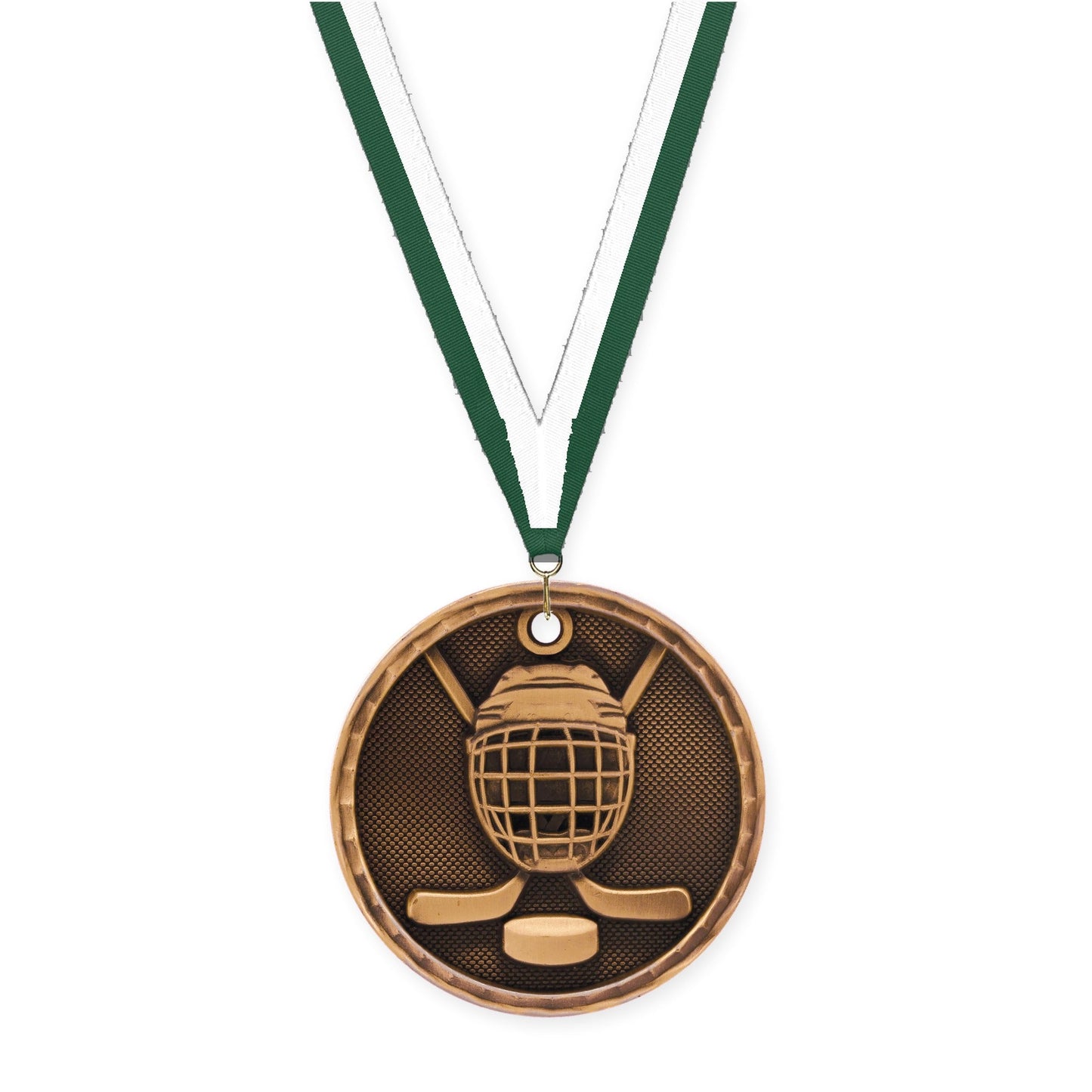 2 inch hockey 3-D medal in antique bronze with Hunter Green White neck ribbon