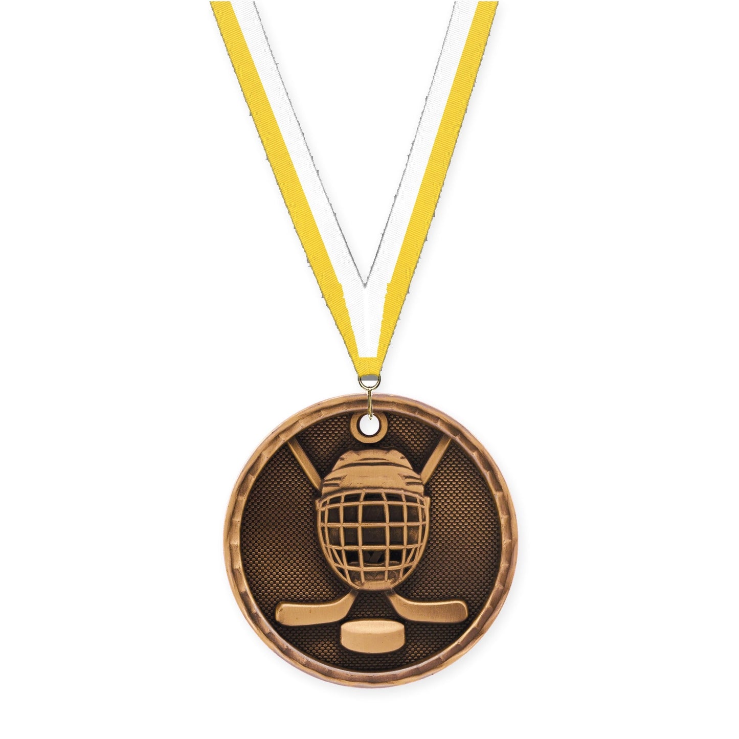 2 inch hockey 3-D medal in antique bronze with Yellow White neck ribbon