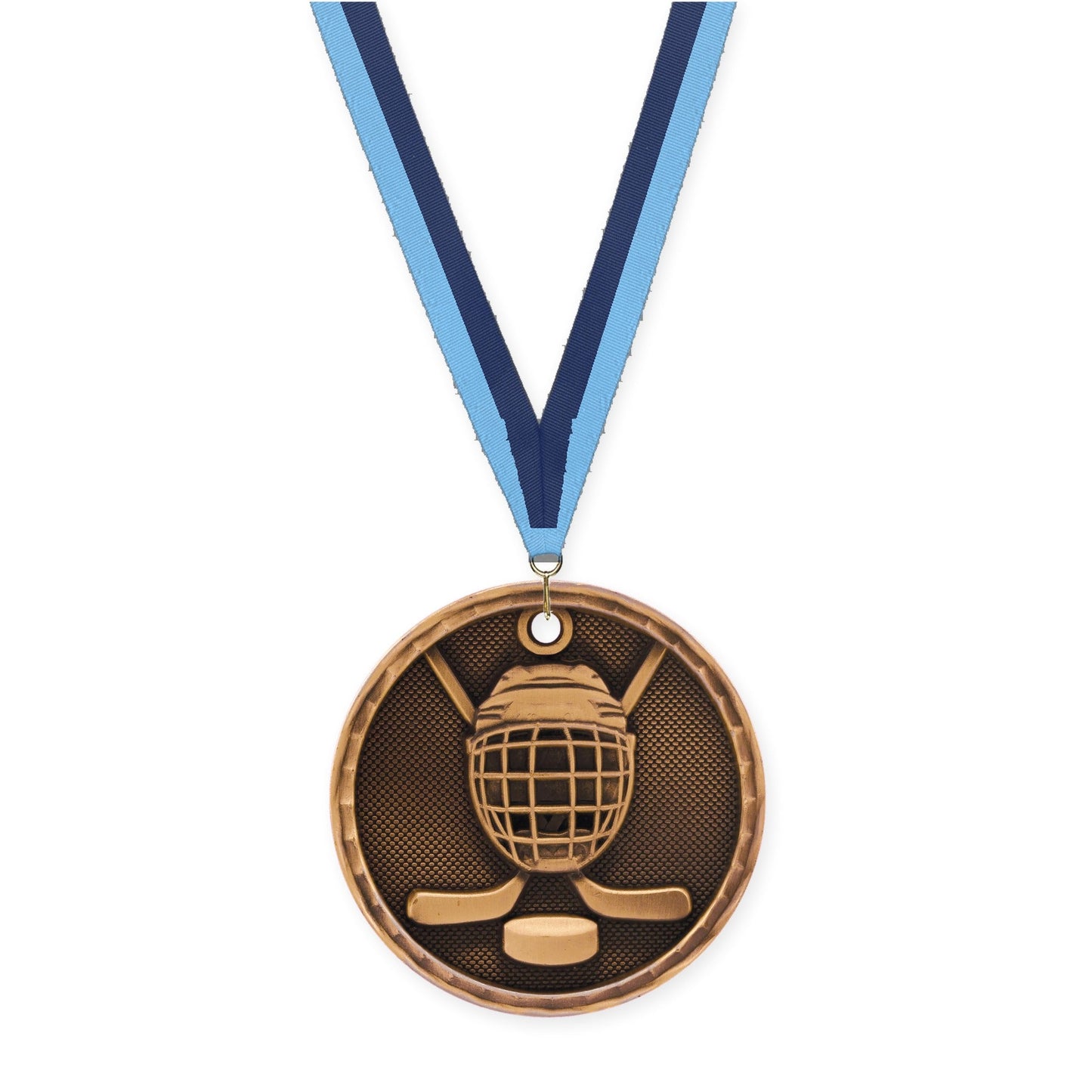 2 inch hockey 3-D medal in antique bronze with Light Blue Navy neck ribbon
