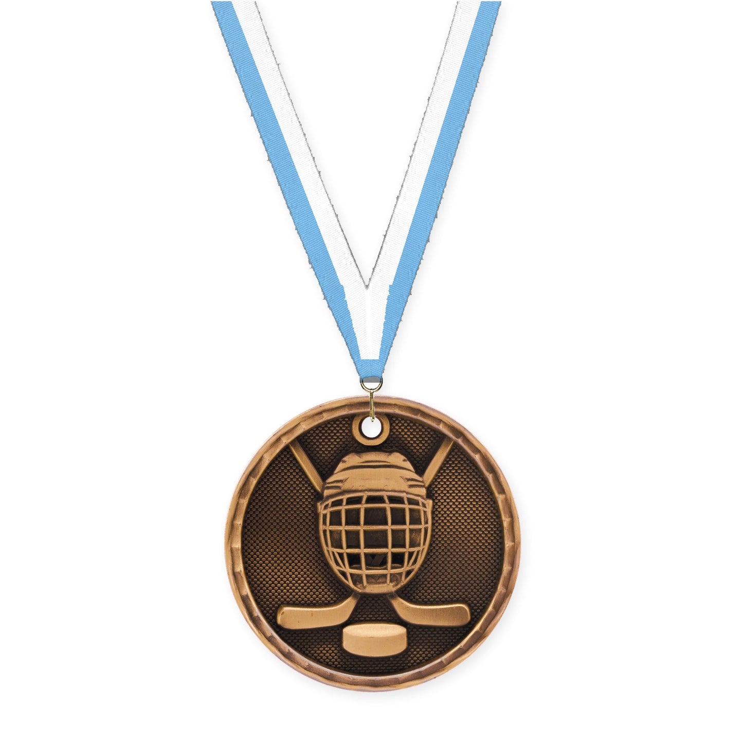 2 inch hockey 3-D medal in antique bronze with Light Blue White neck ribbon