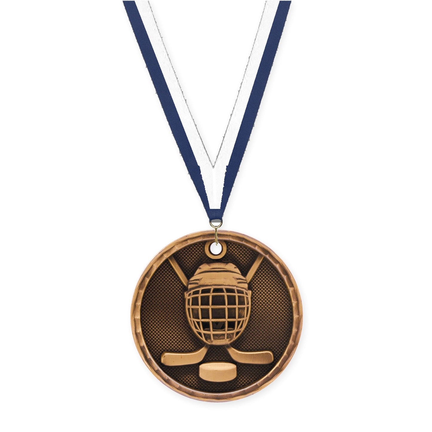2 inch hockey 3-D medal in antique bronze with Navy White neck ribbon