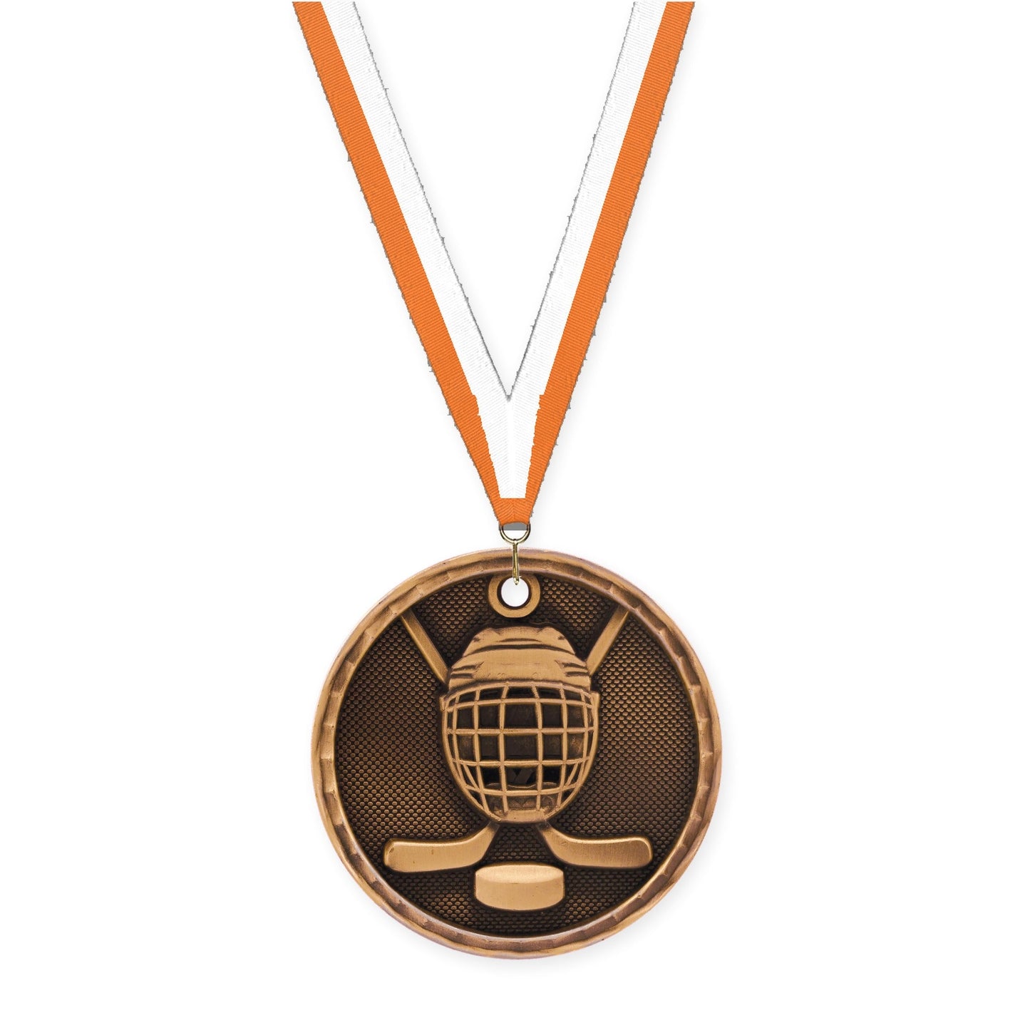 2 inch hockey 3-D medal in antique bronze with Orange White neck ribbon