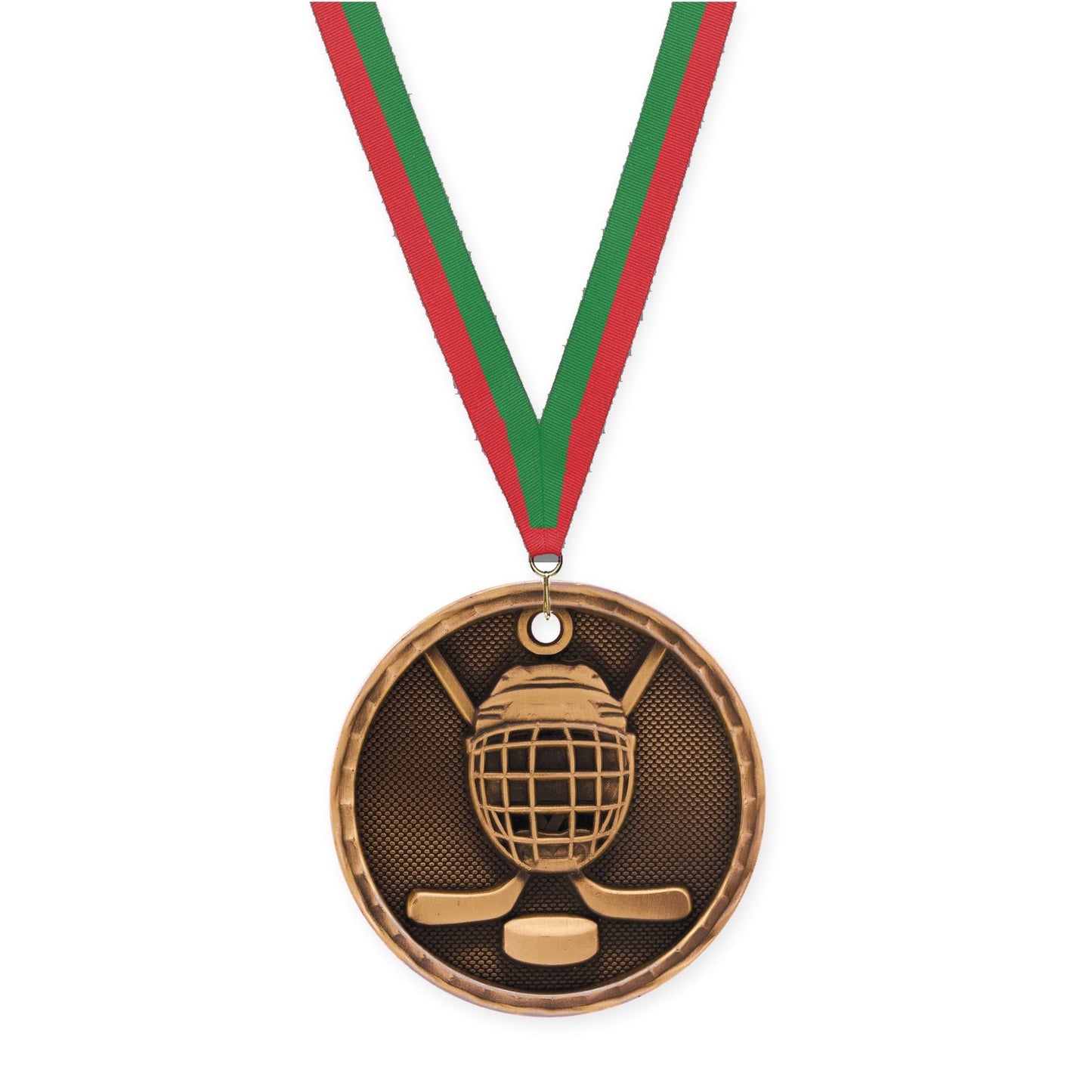 2 inch hockey 3-D medal in antique bronze with Red Green neck ribbon