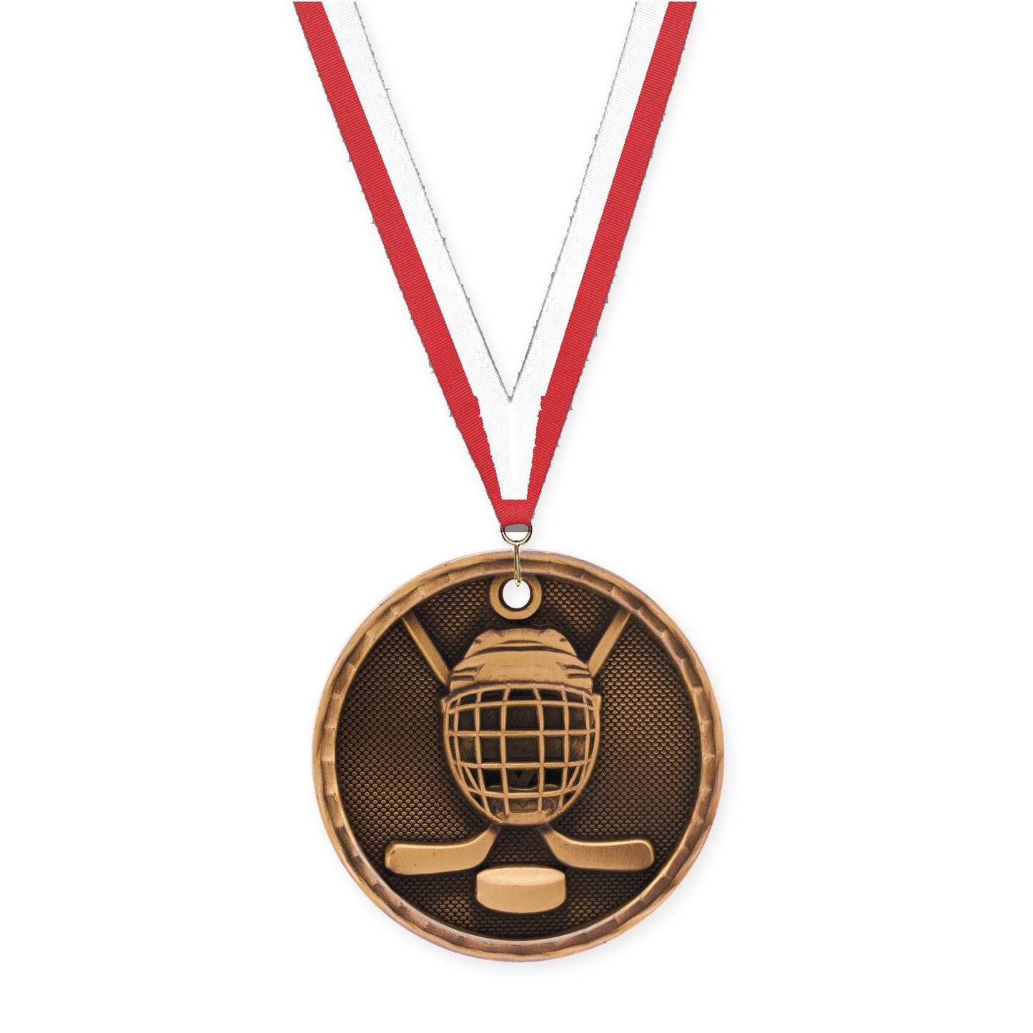 2 inch hockey 3-D medal in antique bronze with Red White neck ribbon