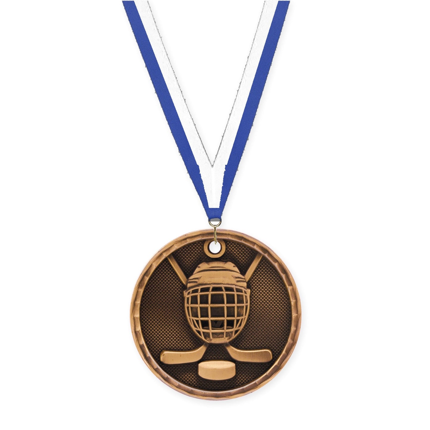 2 inch hockey 3-D medal in antique bronze with Blue White neck ribbon