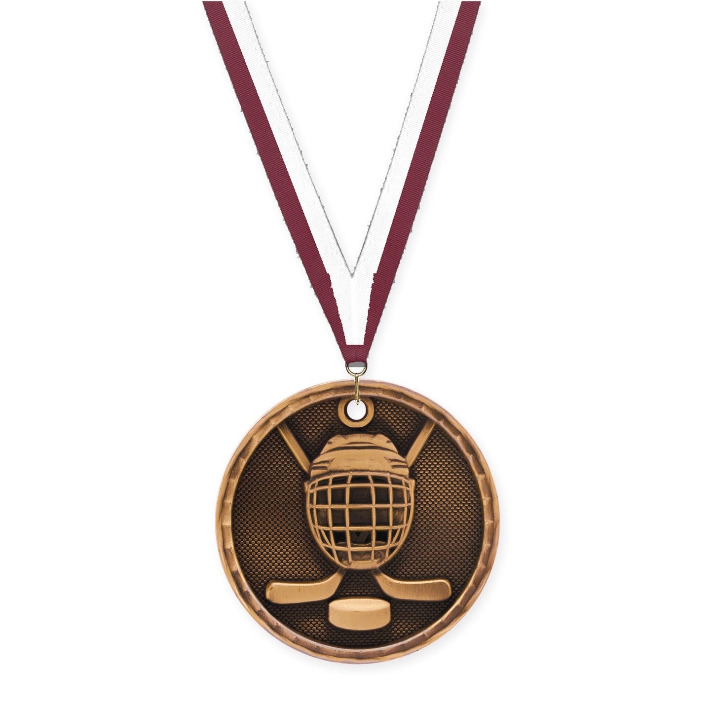 2 inch hockey 3-D medal in antique bronze with Maroon White neck ribbon