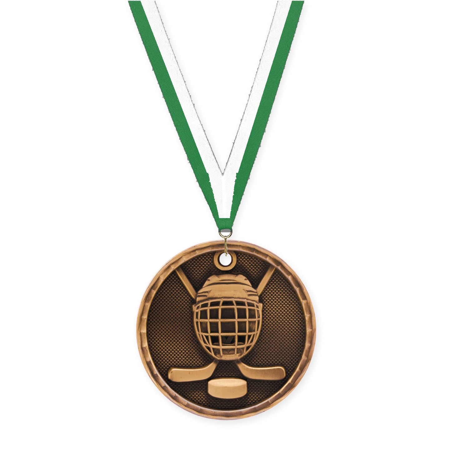 2 inch hockey 3-D medal in antique bronze with Green White neck ribbon