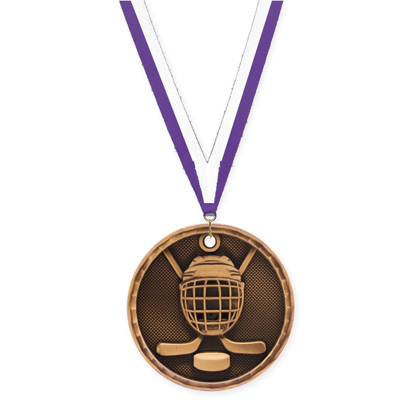 2 inch hockey 3-D medal in antique bronze with Purple White neck ribbon
