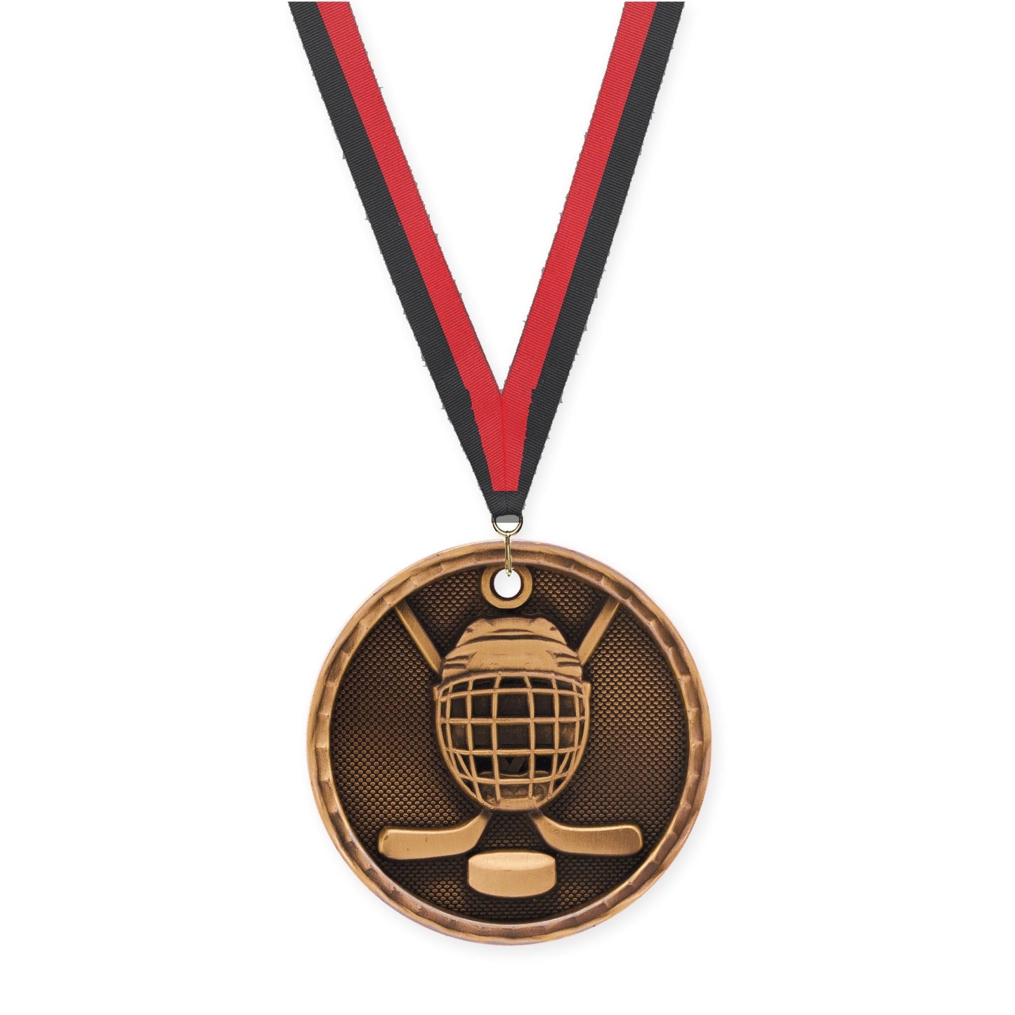 2 inch hockey 3-D medal in antique bronze with Black Red neck ribbon