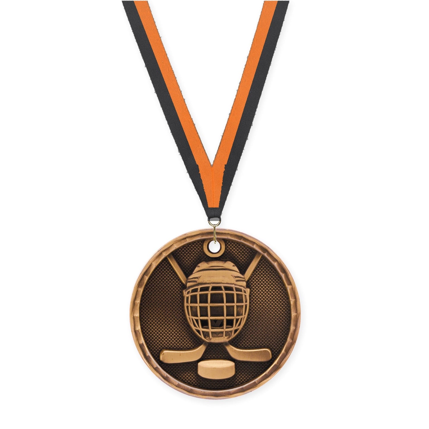 2 inch hockey 3-D medal in antique bronze with Black Orange neck ribbon