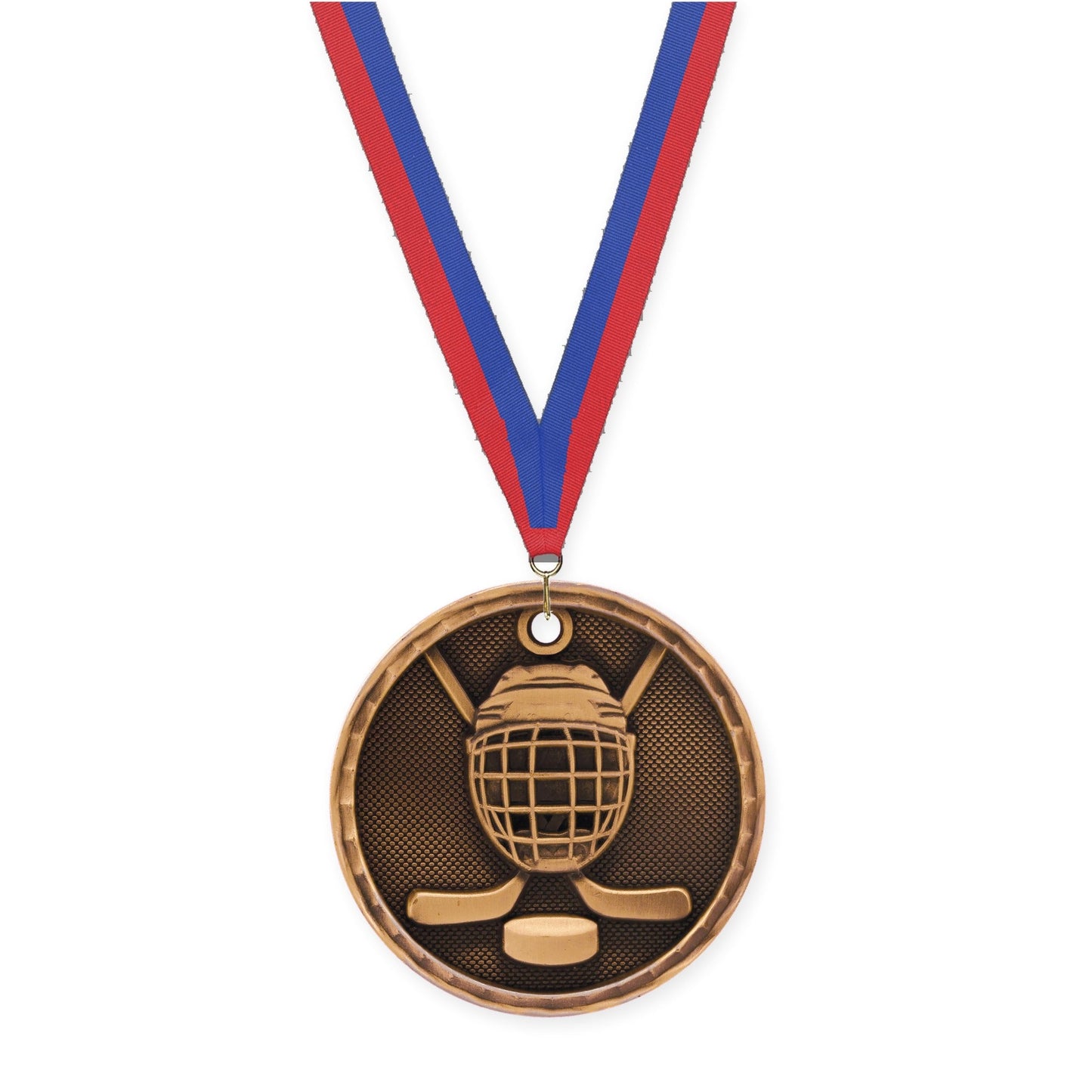 2 inch hockey 3-D medal in antique bronze with Blue Red neck ribbon