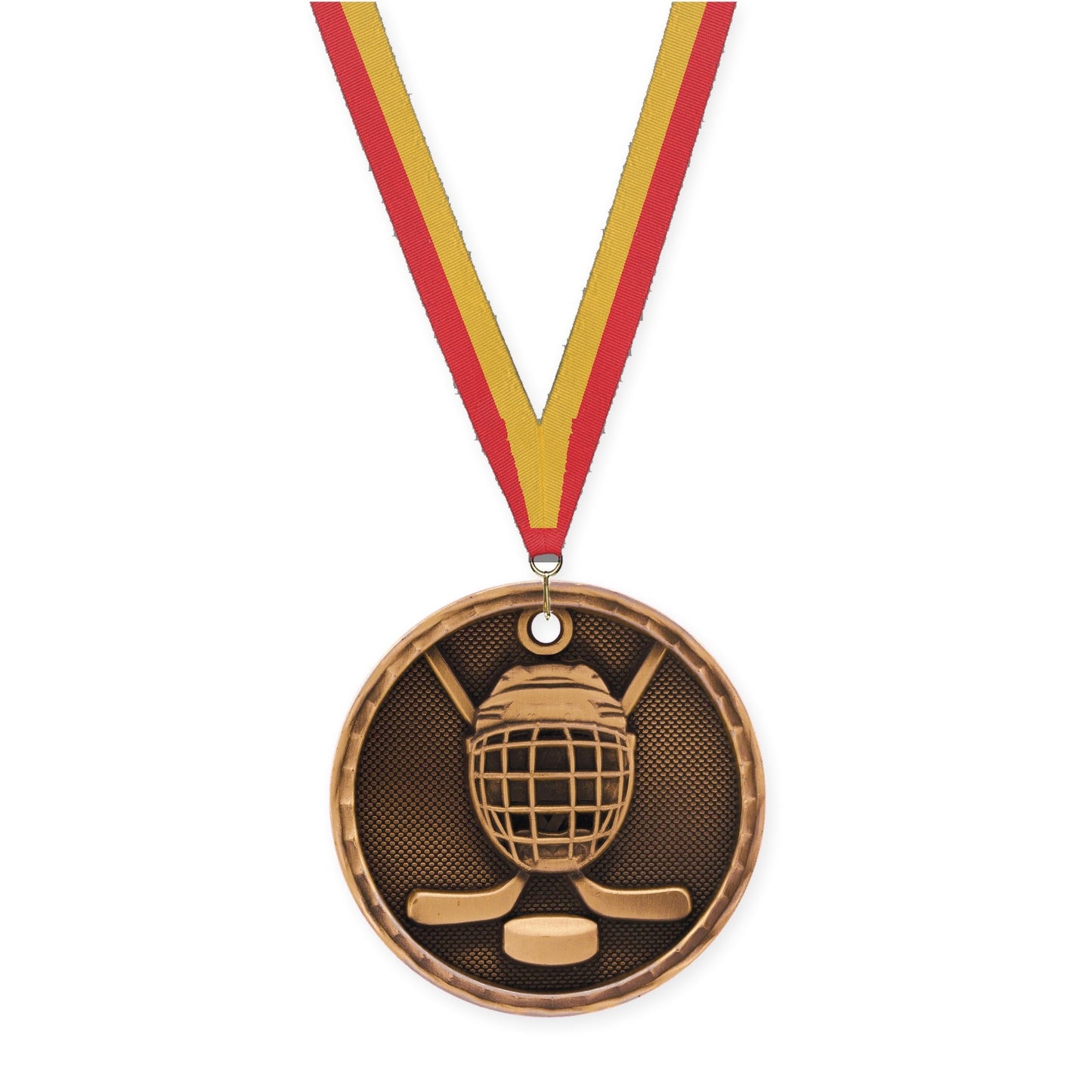 2 inch hockey 3-D medal in antique bronze with Red Gold neck ribbon