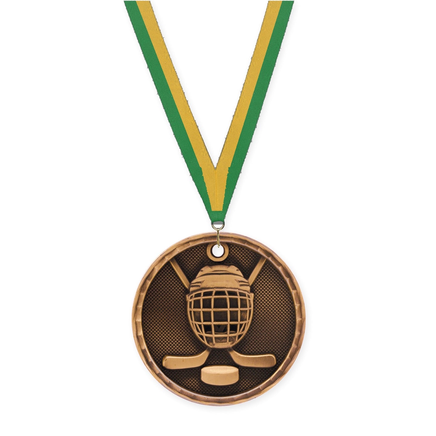 2 inch hockey 3-D medal in antique bronze with Green Gold neck ribbon