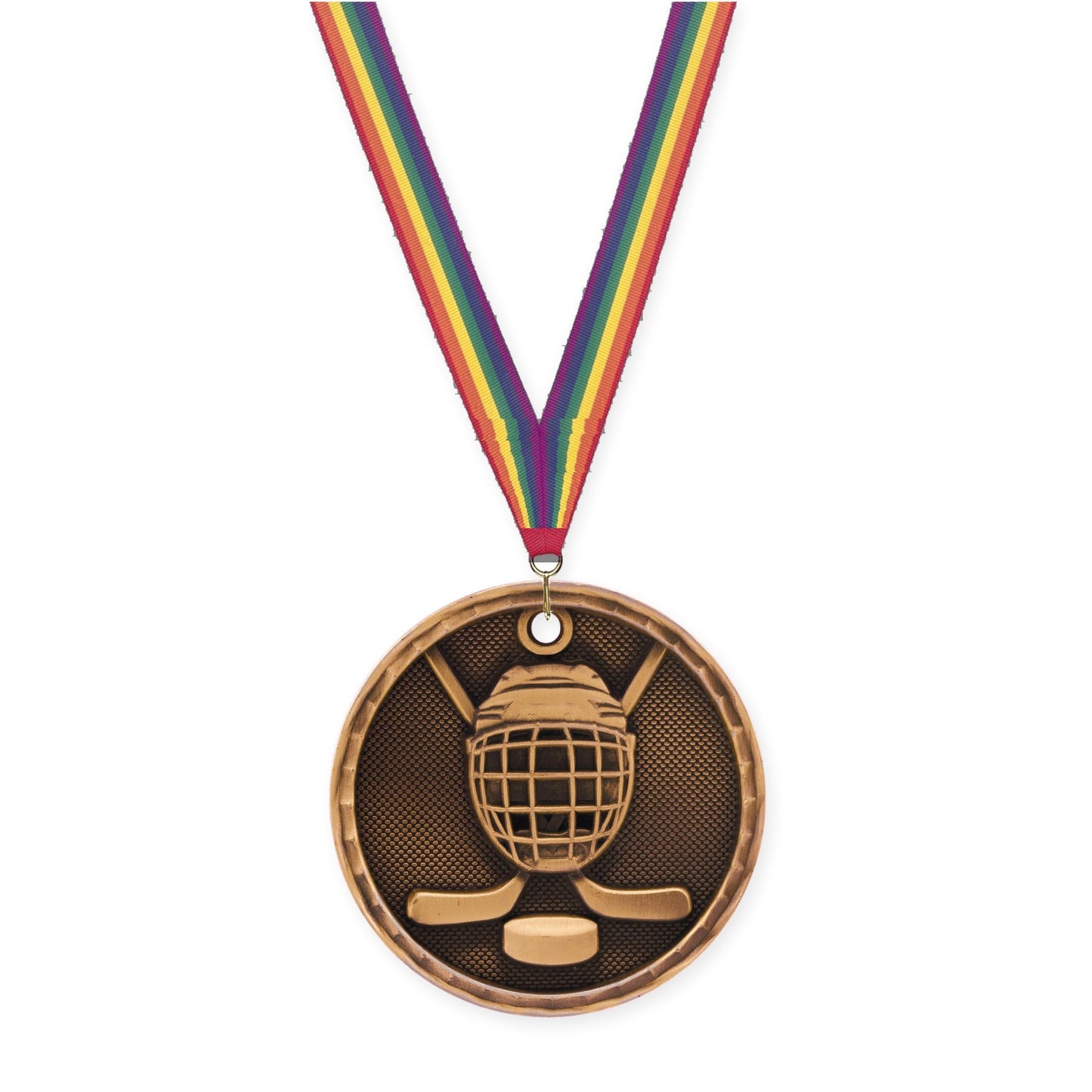 2 inch hockey 3-D medal in antique bronze with Rainbow neck ribbon