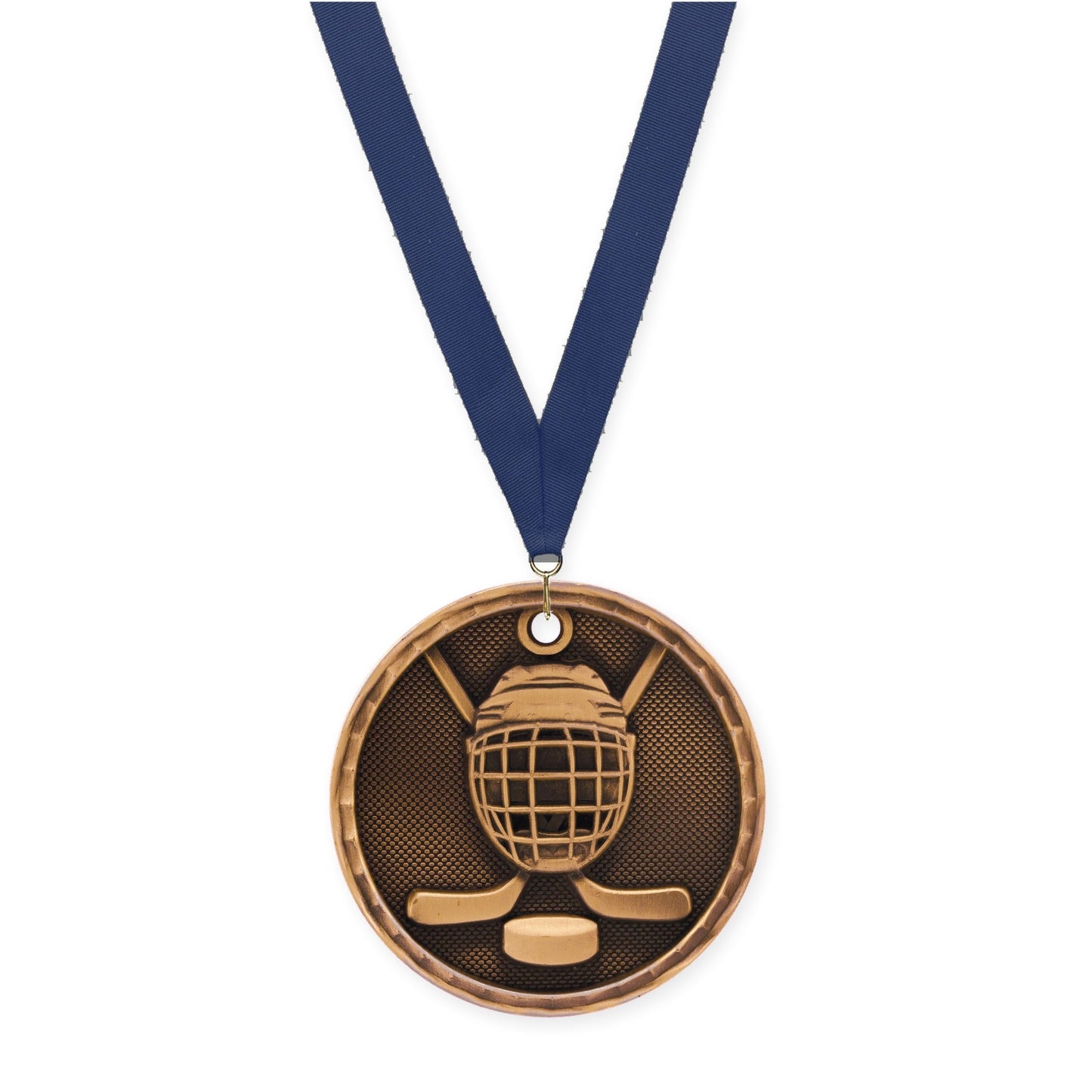 2 inch hockey 3-D medal in antique bronze with Navy neck ribbon