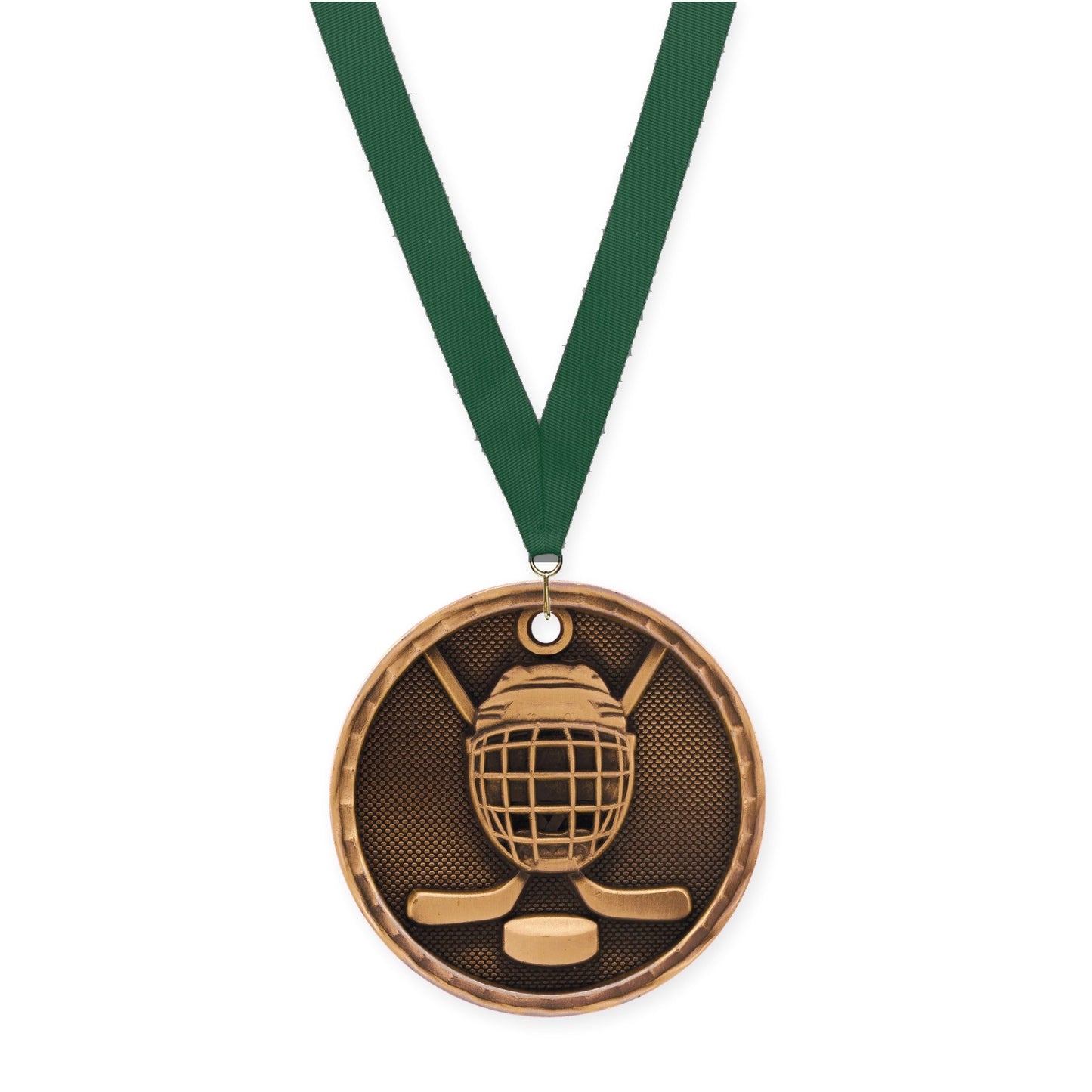 2 inch hockey 3-D medal in antique bronze with Hunter Green neck ribbon