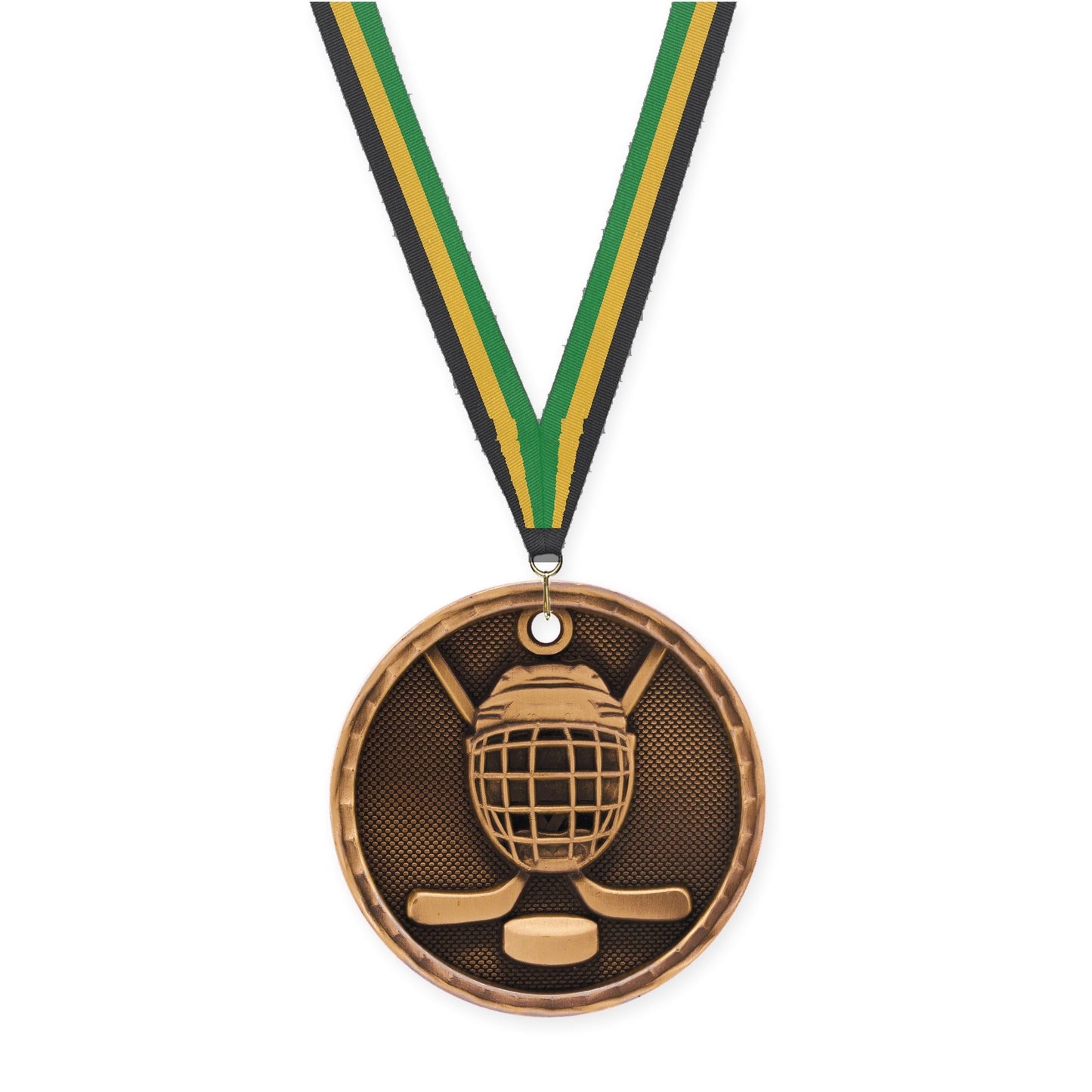 2 inch hockey 3-D medal in antique bronze with Black Gold Green neck ribbon