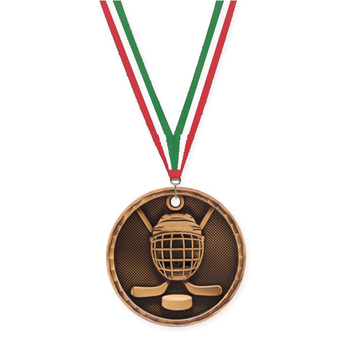 2 inch hockey 3-D medal in antique bronze with Red White Green neck ribbon