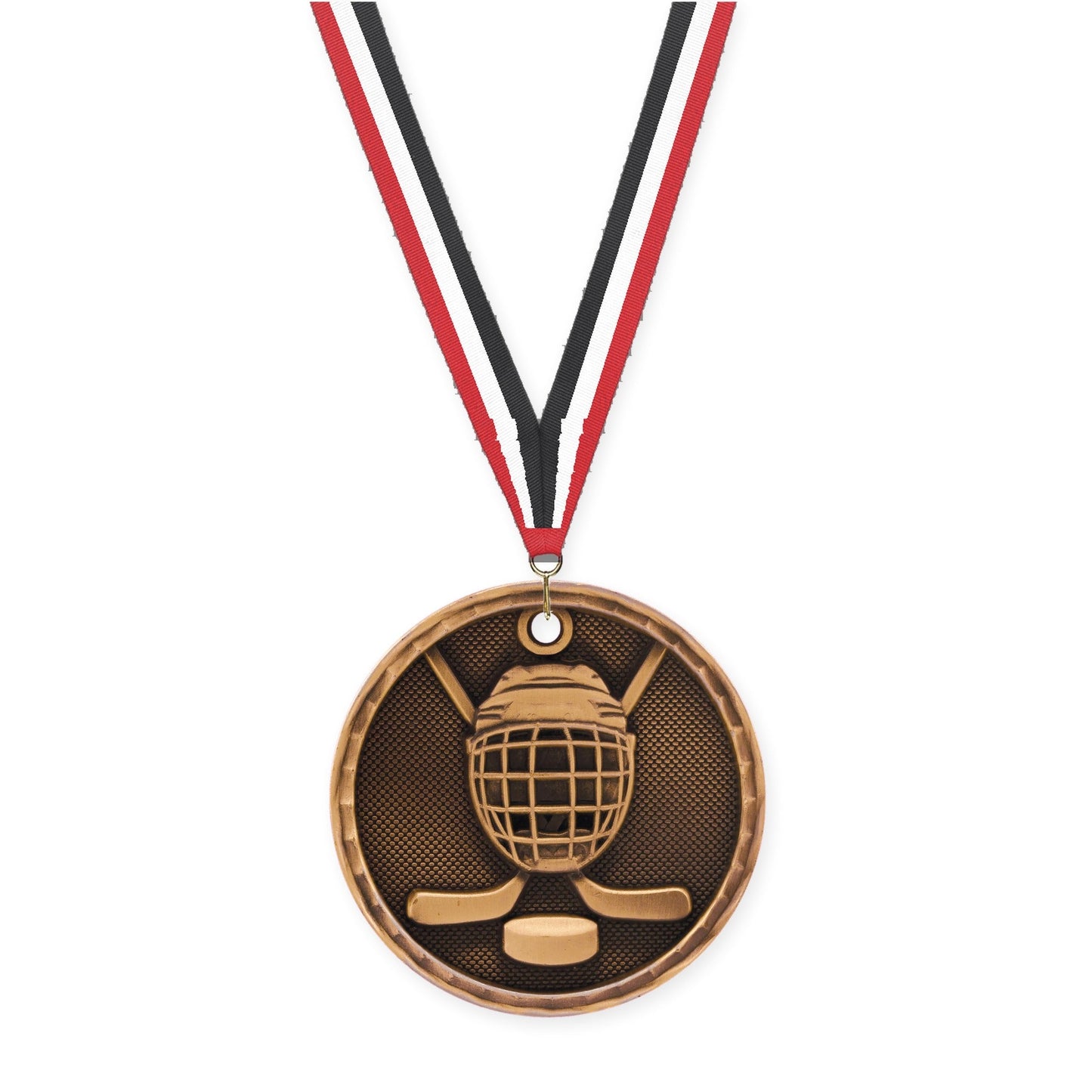 2 inch hockey 3-D medal in antique bronze with Red White Black neck ribbon