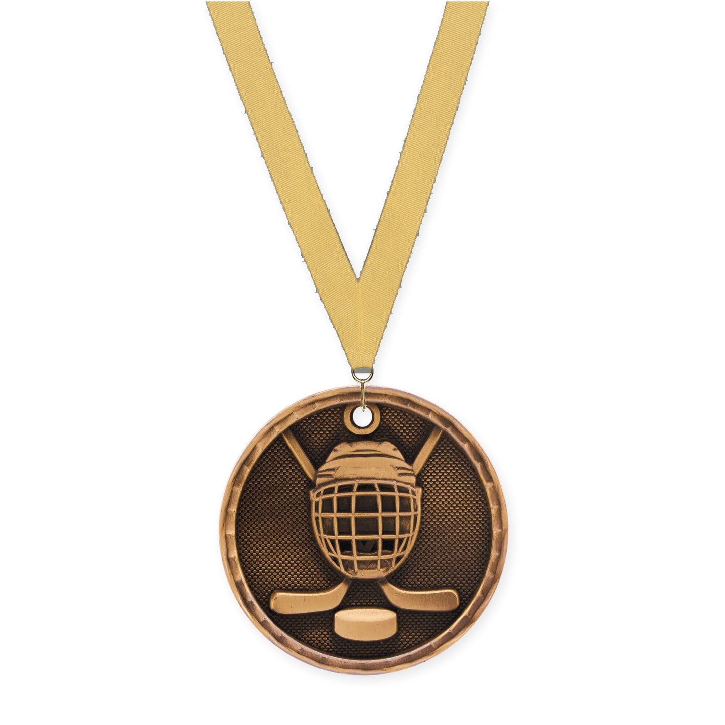 2 inch hockey 3-D medal in antique bronze with Gold Metallic neck ribbon