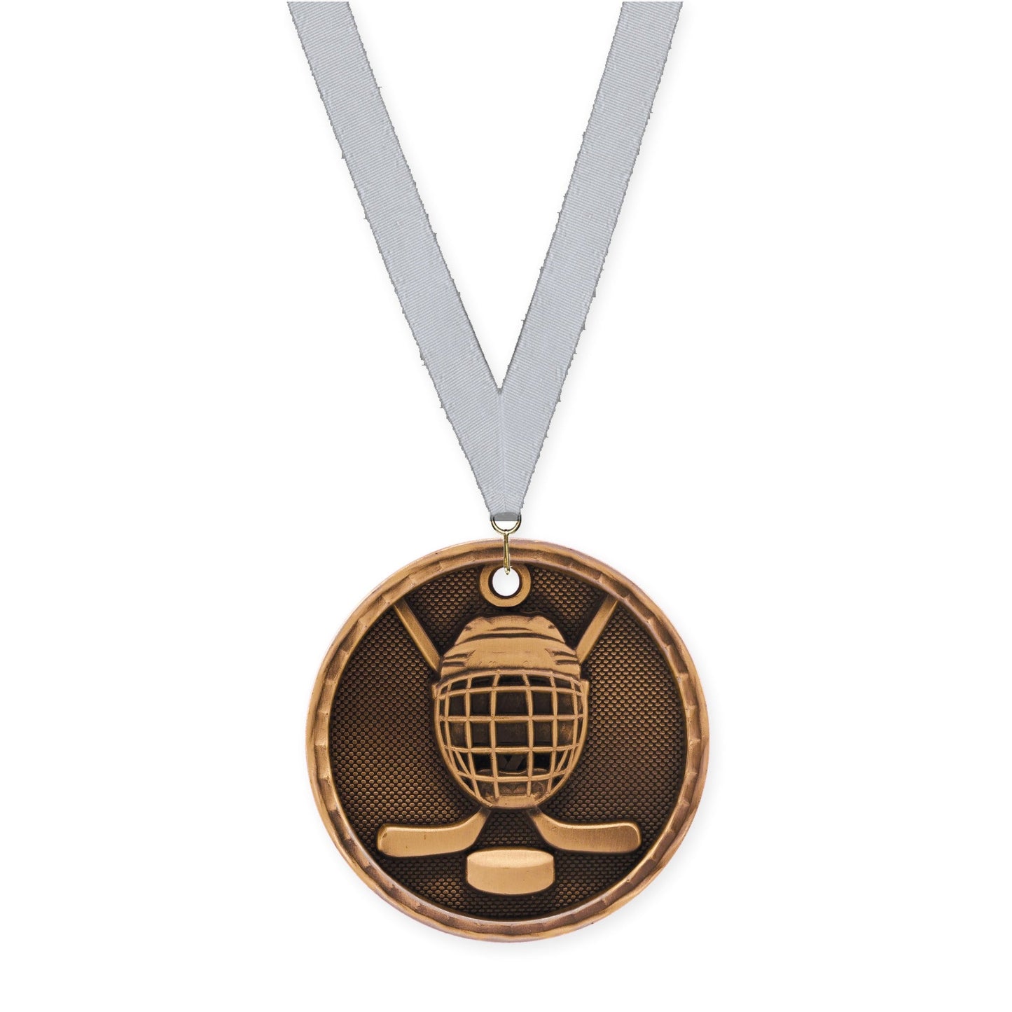 2 inch hockey 3-D medal in antique bronze with Silver Metallic neck ribbon