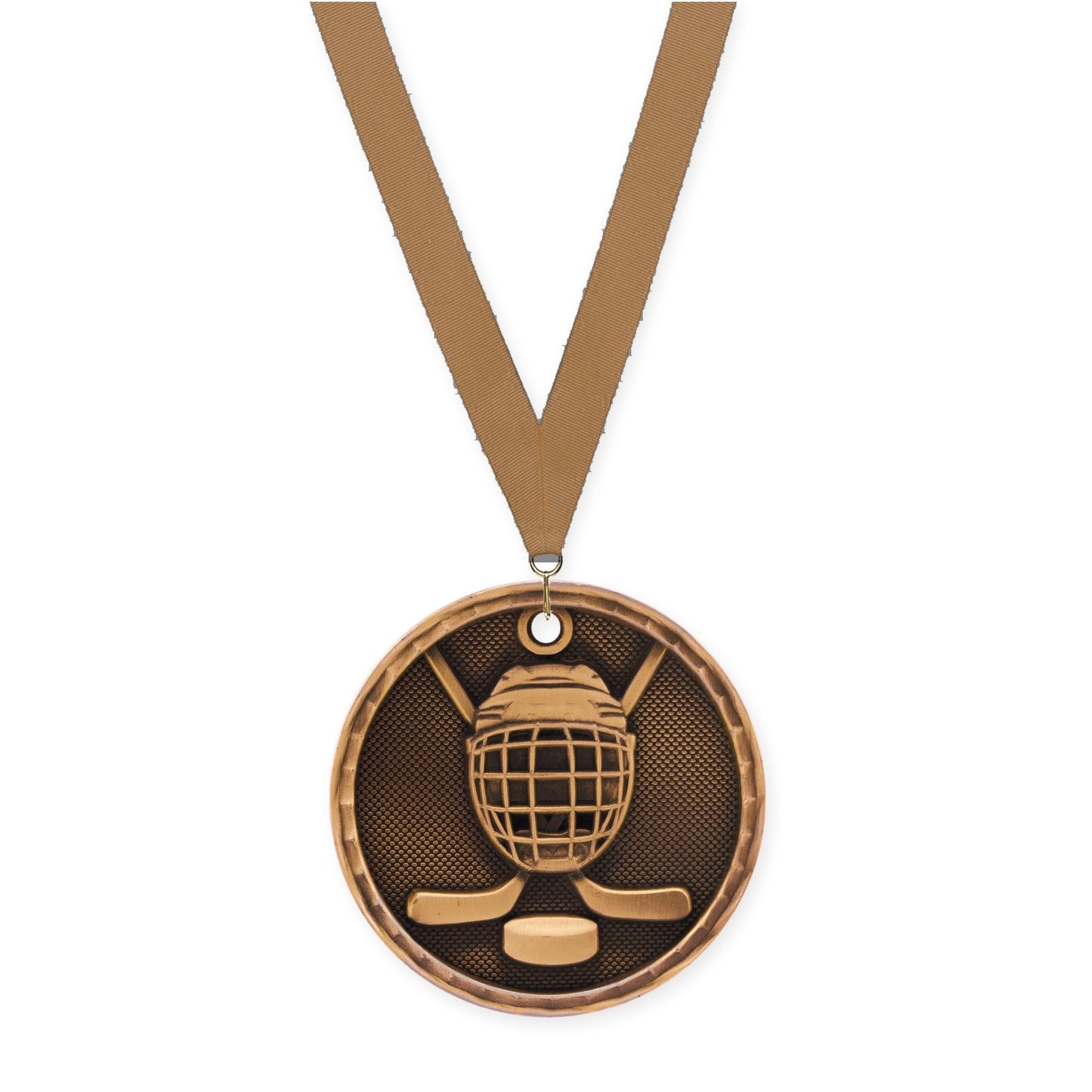 2 inch hockey 3-D medal in antique bronze with Bronze Metallic neck ribbon