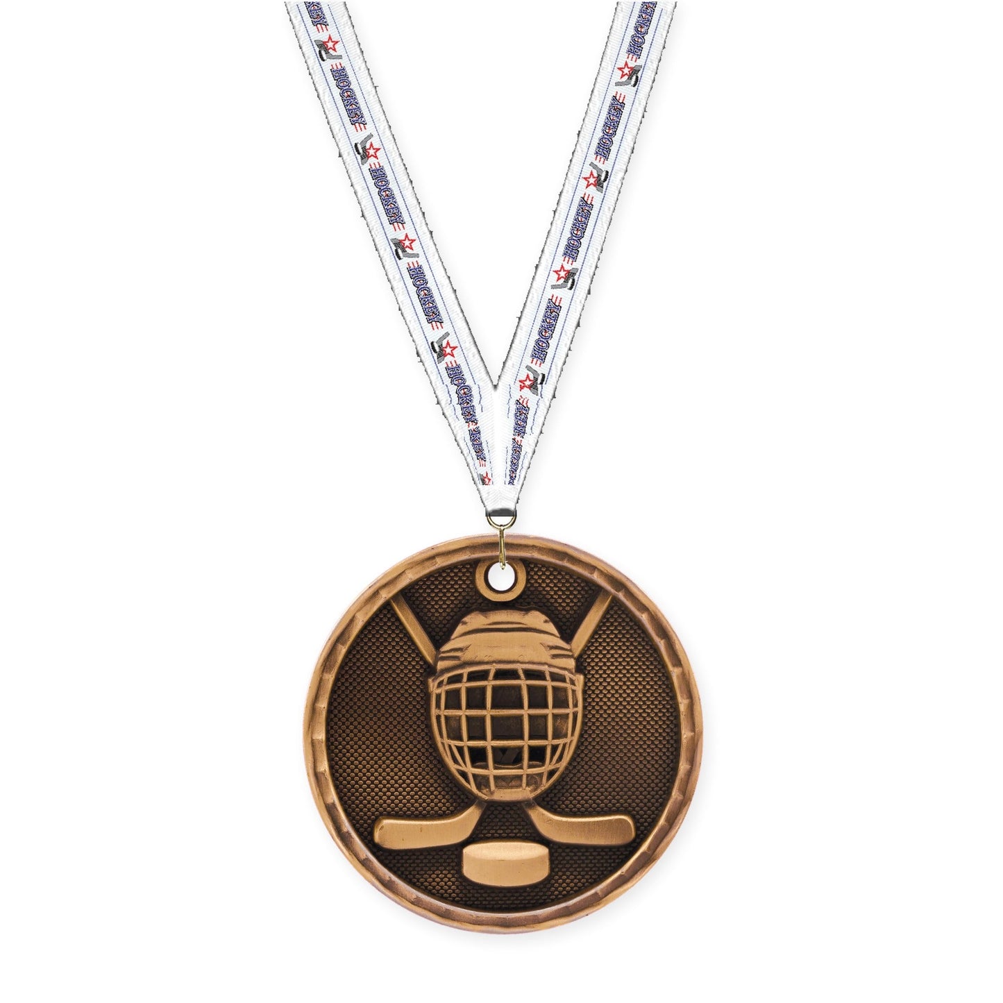 2 inch hockey 3-D medal in antique bronze with Hockey neck ribbon