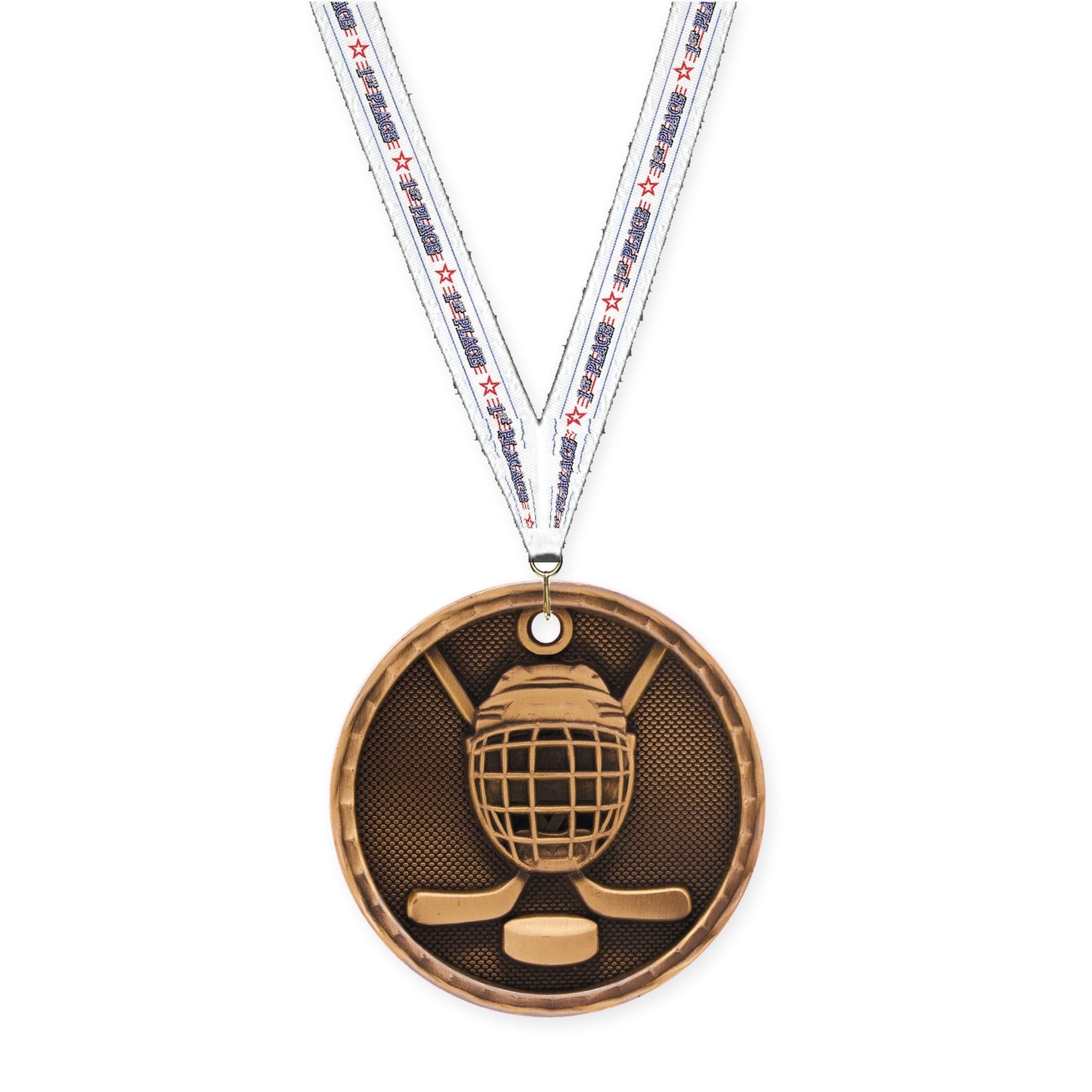 2 inch hockey 3-D medal in antique bronze with 1st Place neck ribbon
