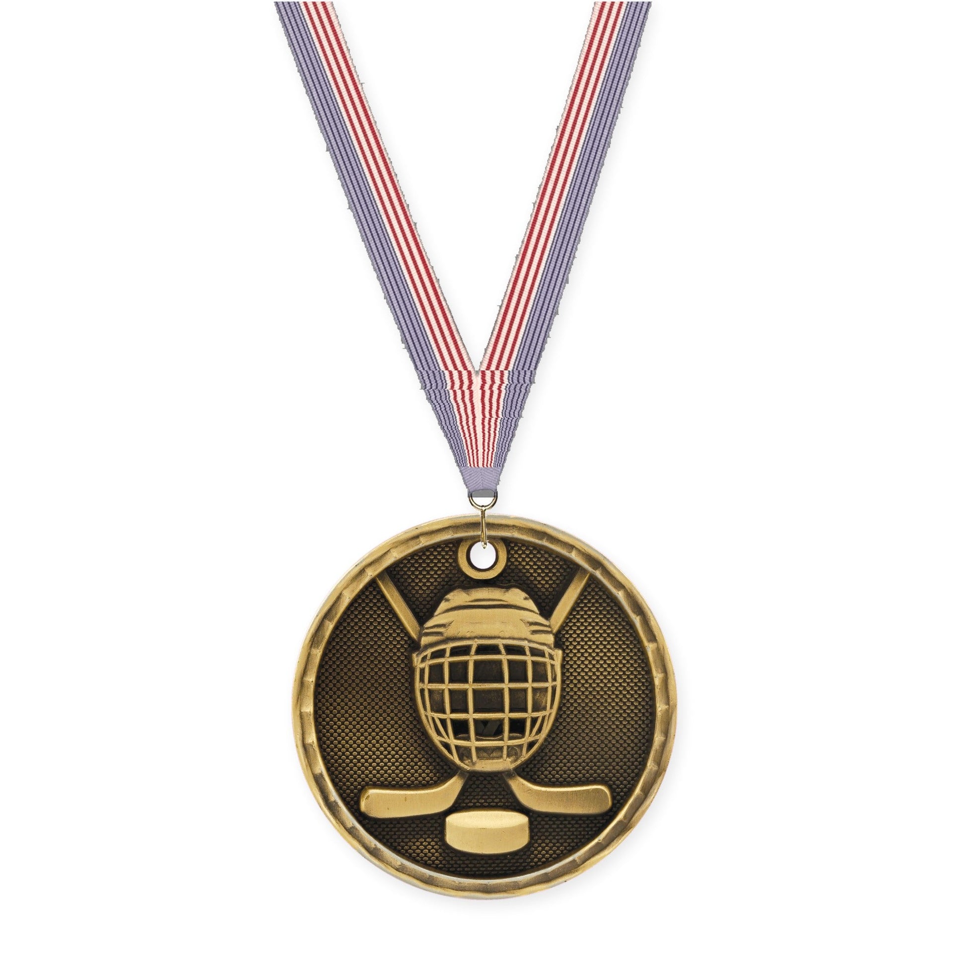 2 inch hockey 3-D medal in antique gold with USA Flag neck ribbon