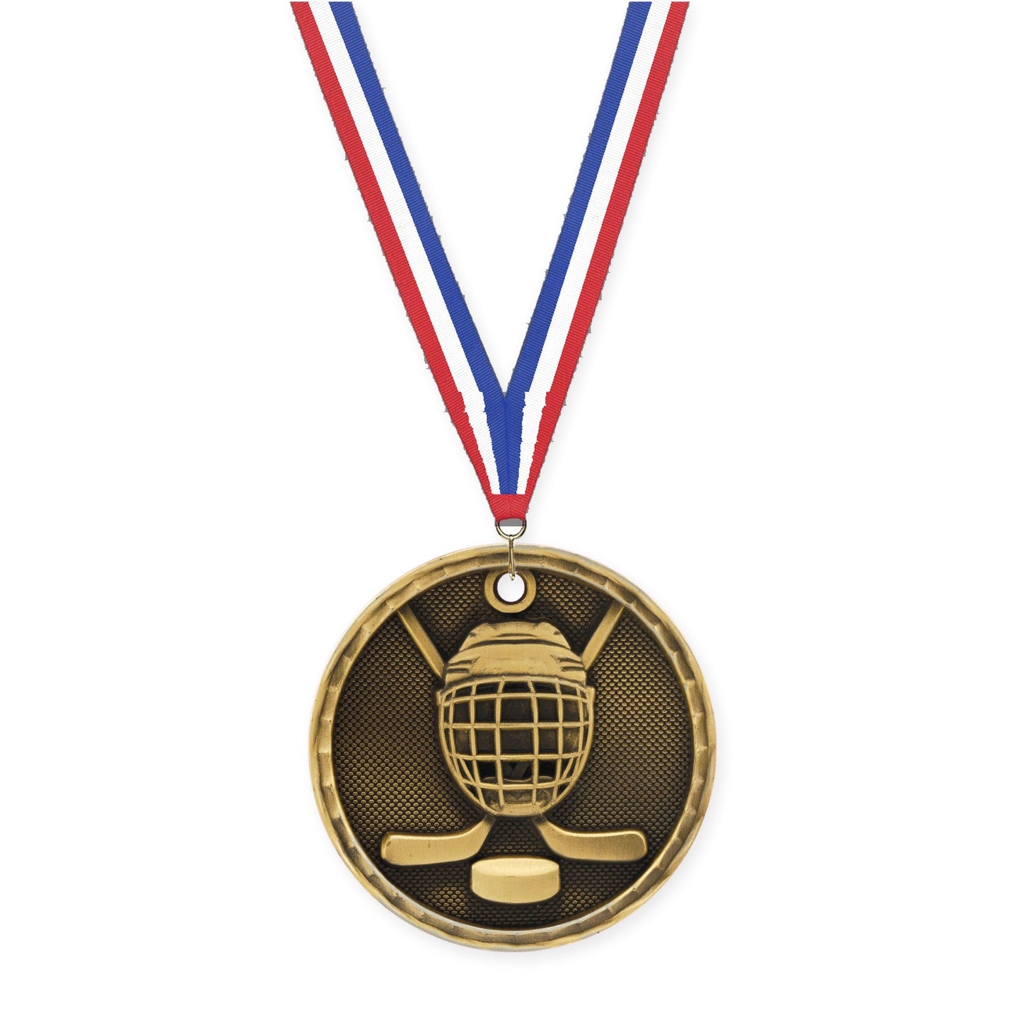 2 inch hockey 3-D medal in antique gold with Red White Blue neck ribbon