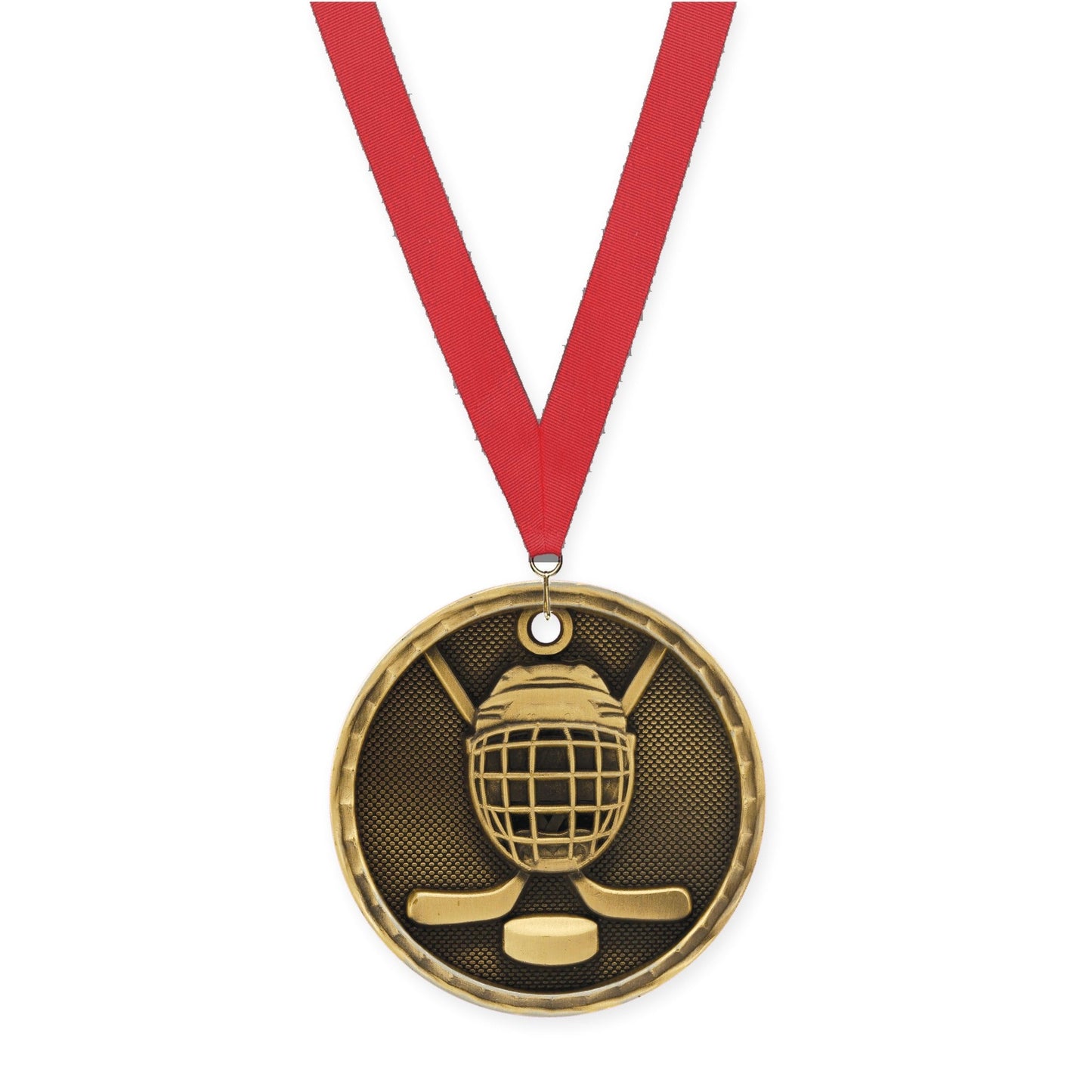 2 inch hockey 3-D medal in antique gold with Red neck ribbon