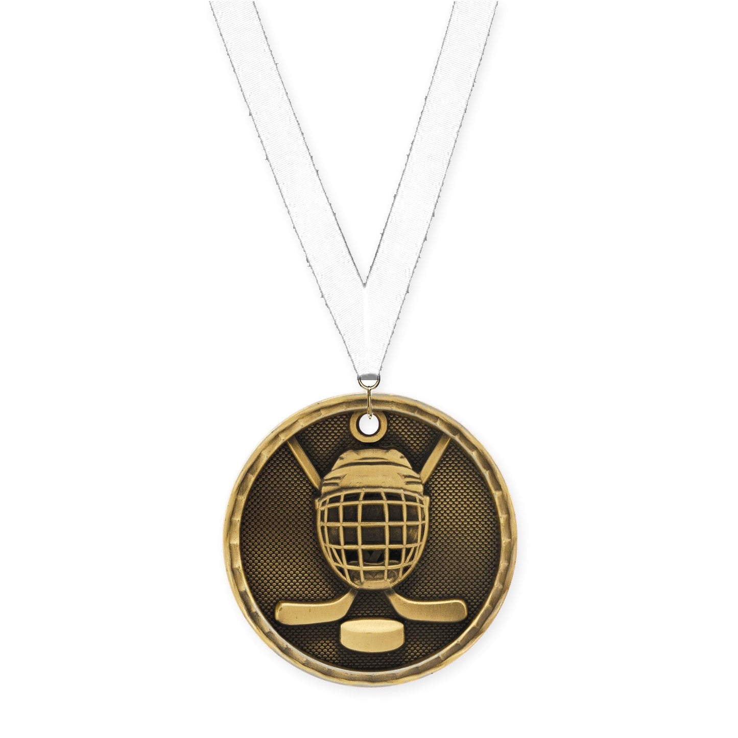 2 inch hockey 3-D medal in antique gold with White neck ribbon