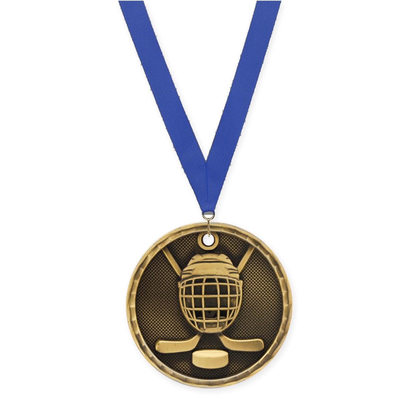 2 inch hockey 3-D medal in antique gold with Blue neck ribbon
