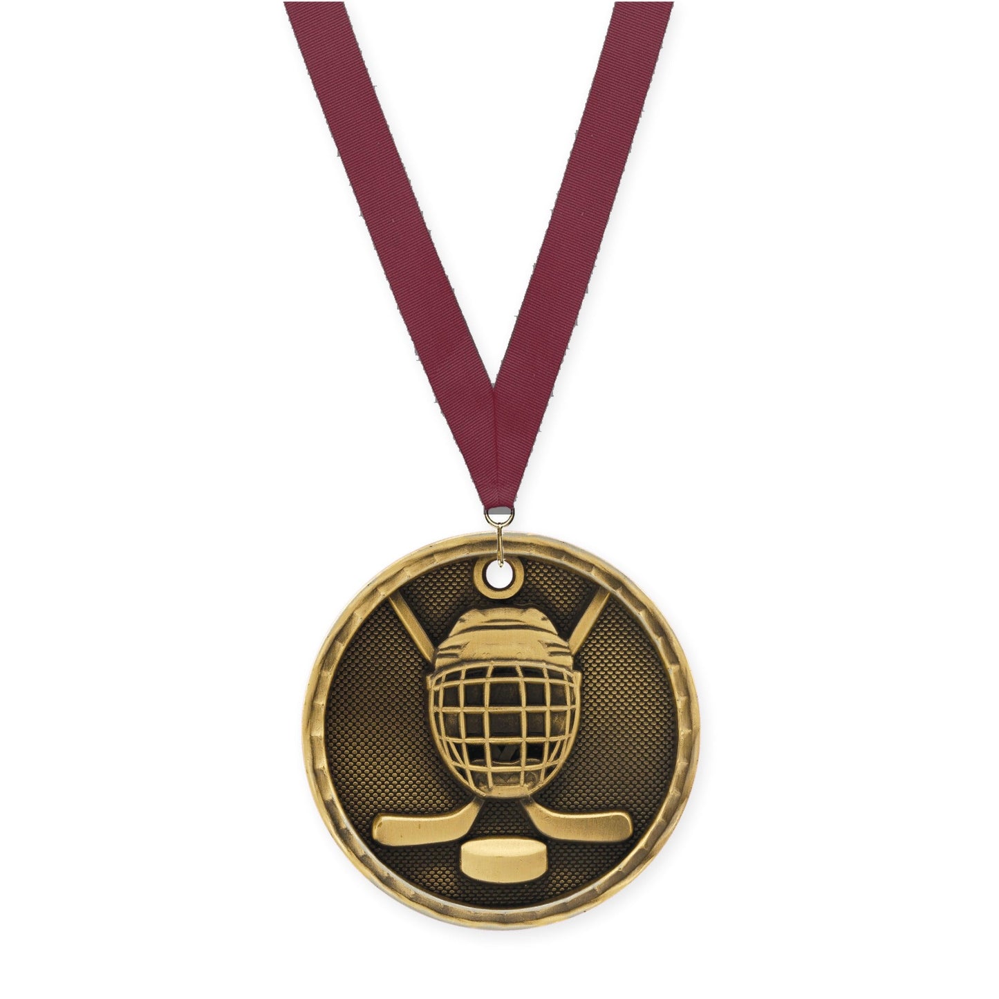 2 inch hockey 3-D medal in antique gold with Maroon neck ribbon