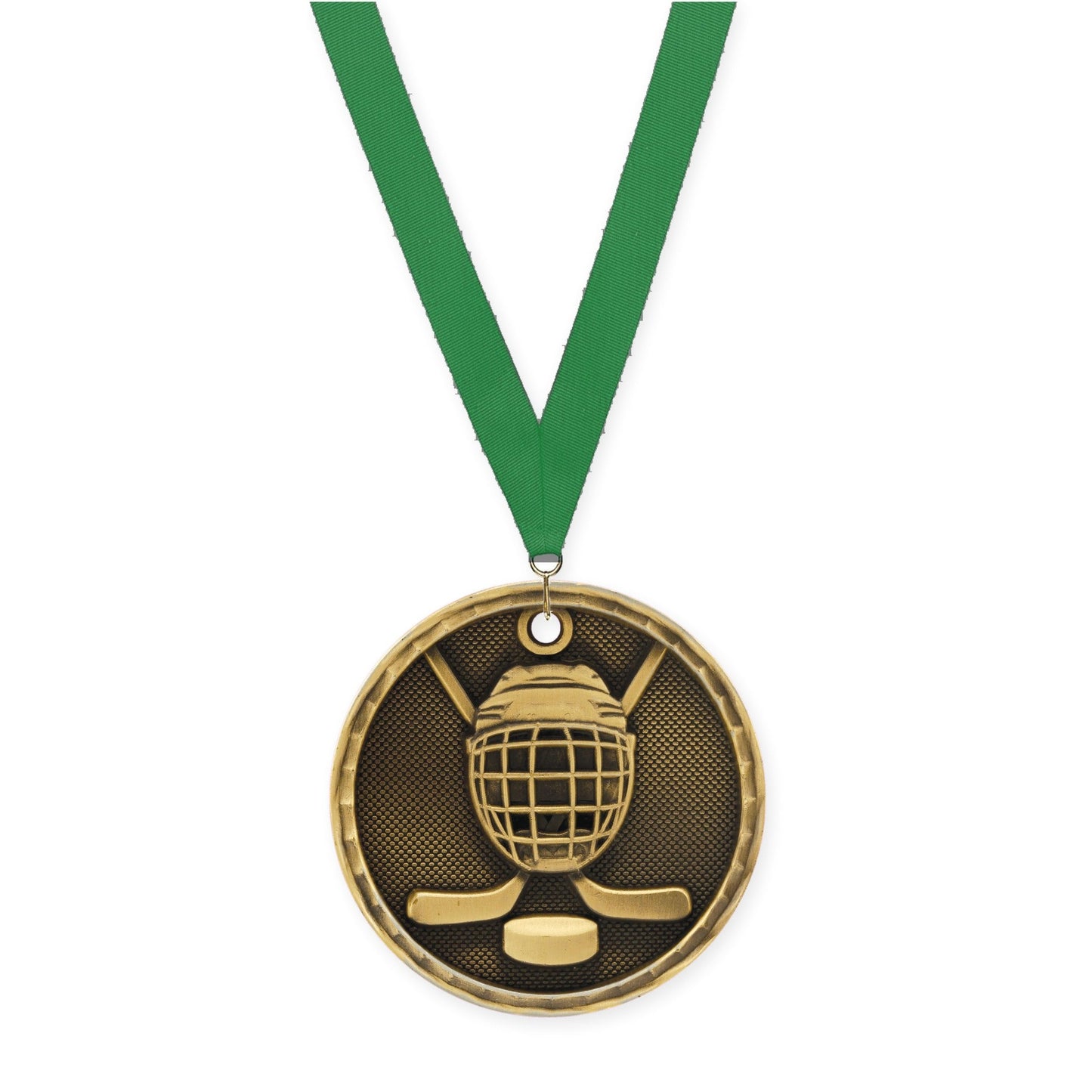 2 inch hockey 3-D medal in antique gold with Green neck ribbon