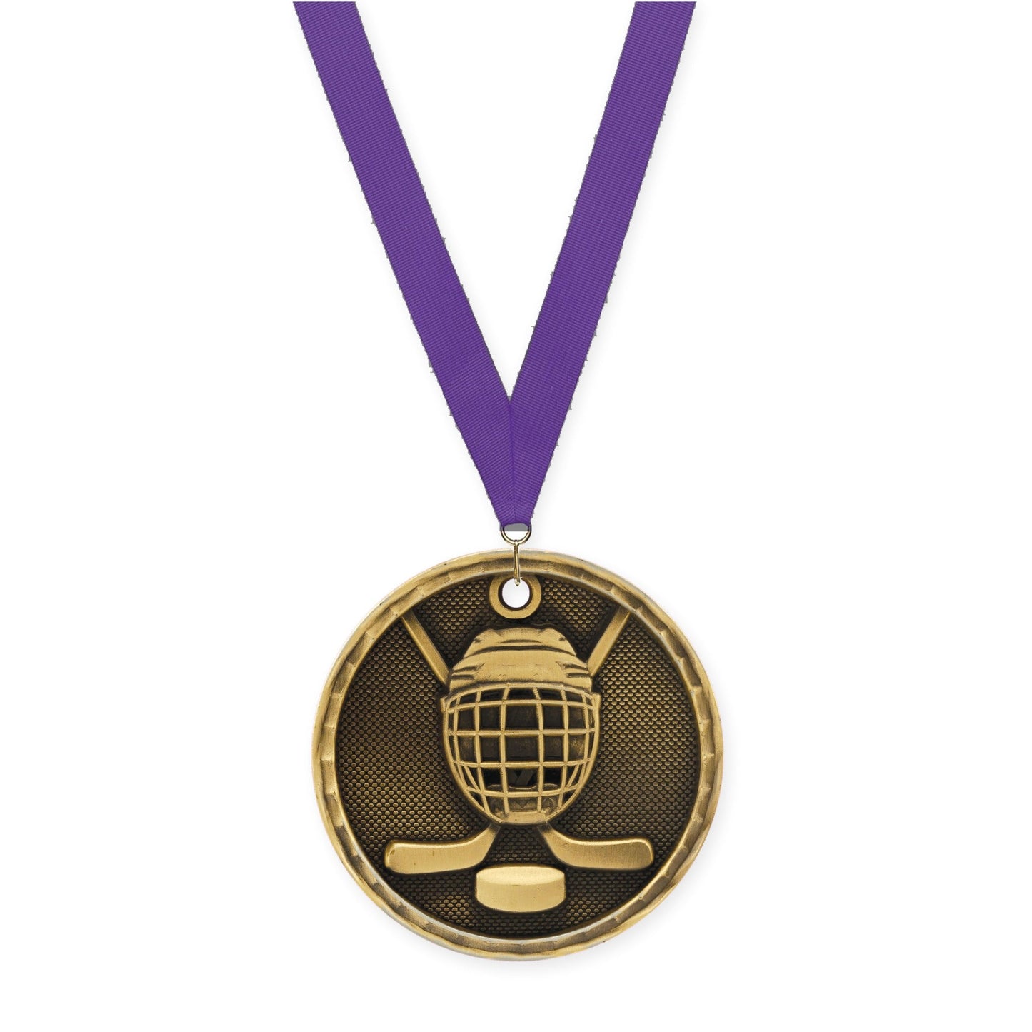 2 inch hockey 3-D medal in antique gold with Purple neck ribbon