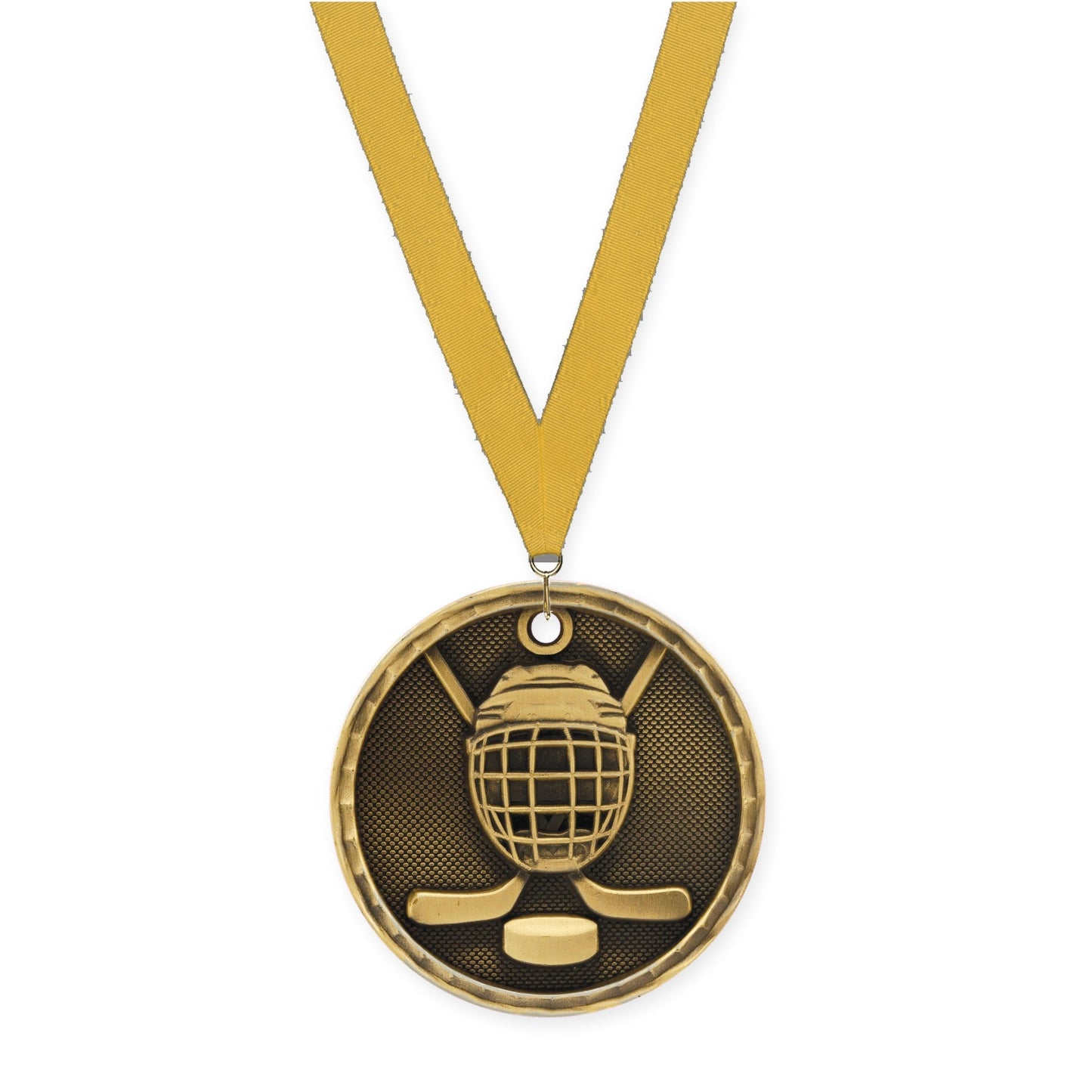 2 inch hockey 3-D medal in antique gold with Gold neck ribbon