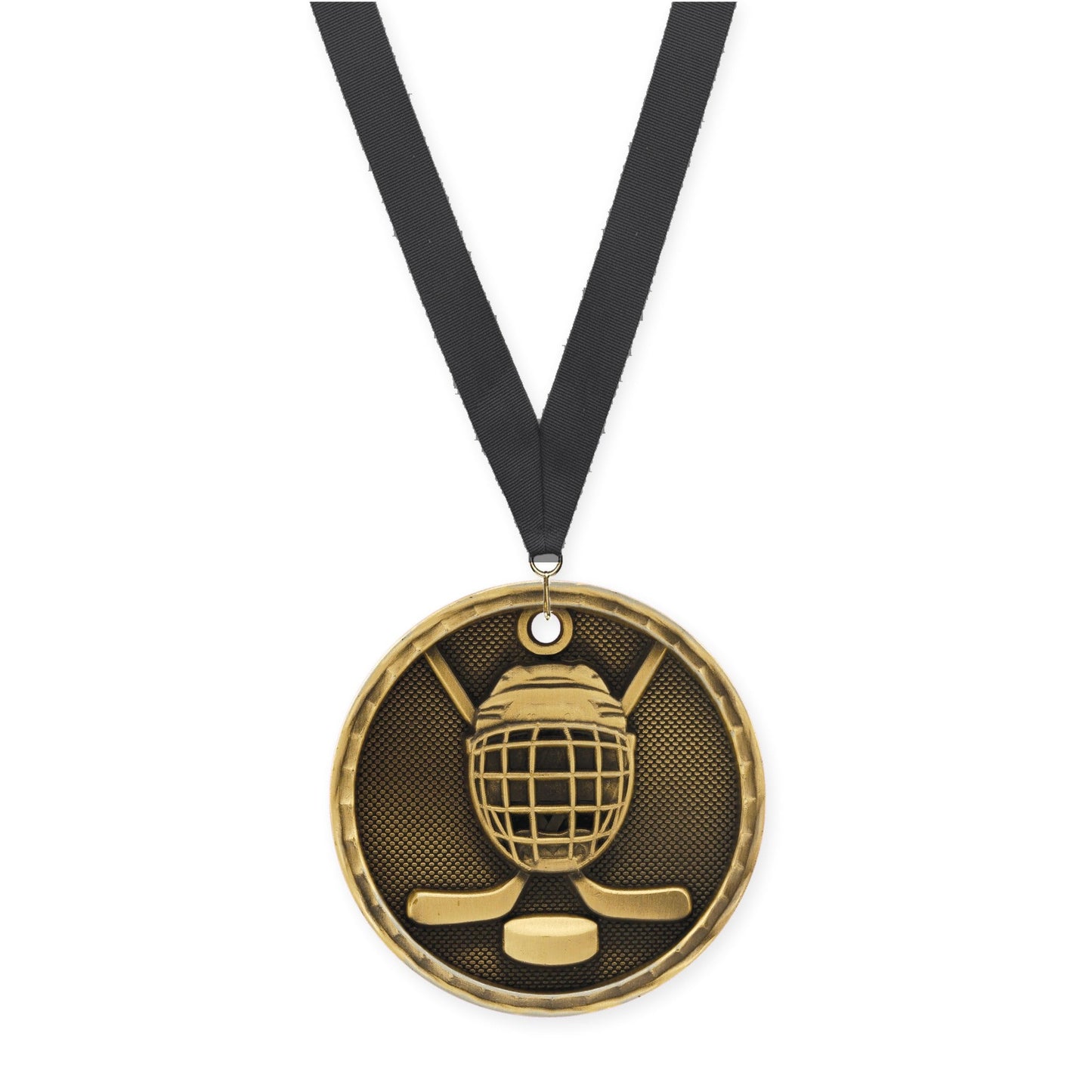 2 inch hockey 3-D medal in antique gold with Black neck ribbon