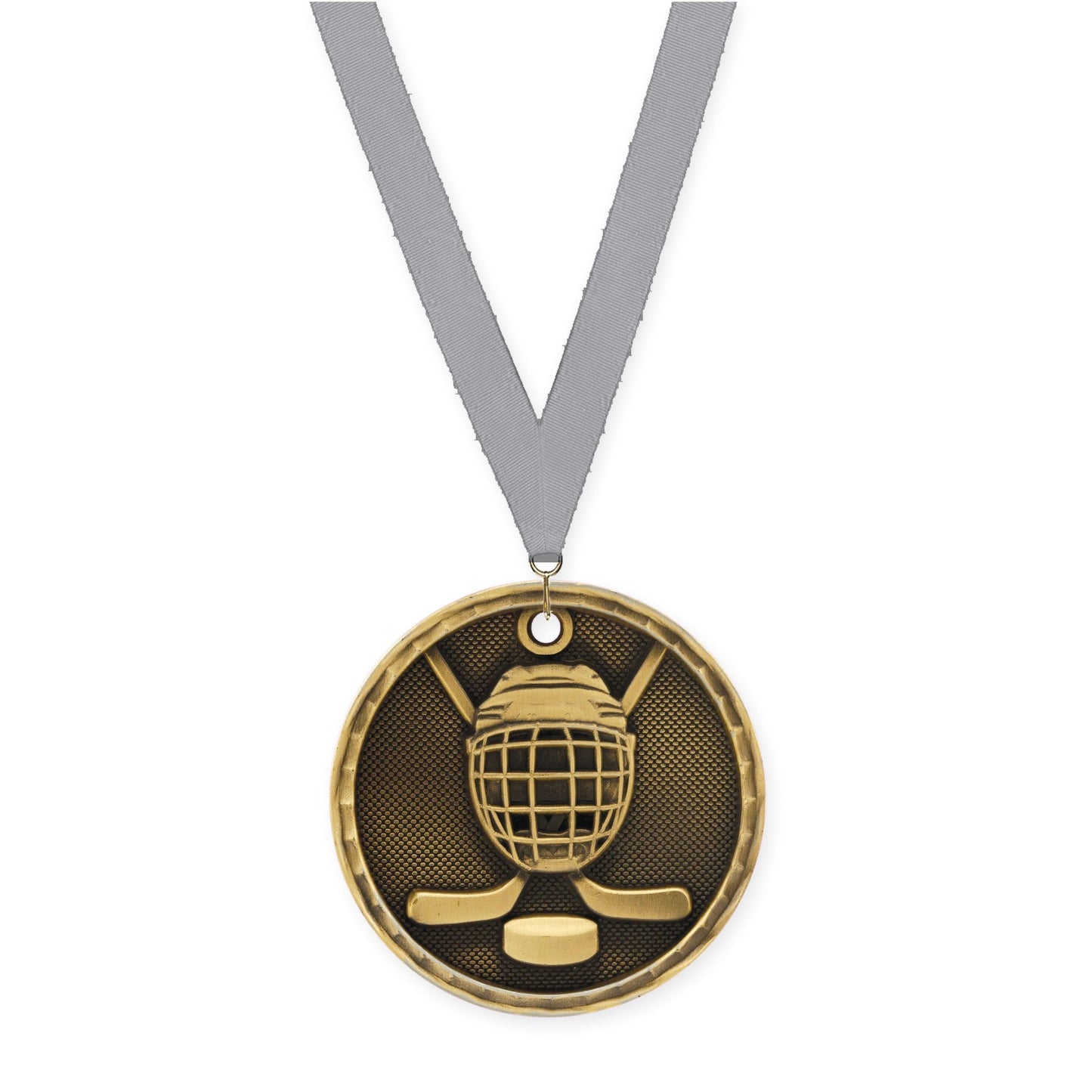 2 inch hockey 3-D medal in antique gold with Gray neck ribbon