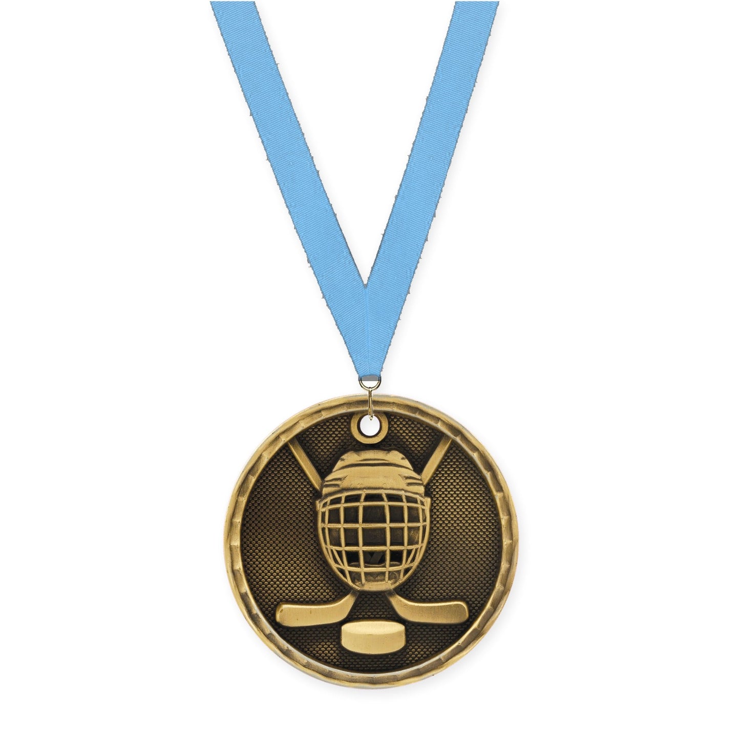 2 inch hockey 3-D medal in antique gold with Light Blue neck ribbon