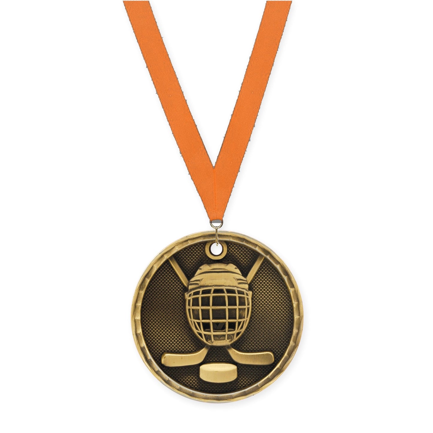 2 inch hockey 3-D medal in antique gold with Orange neck ribbon