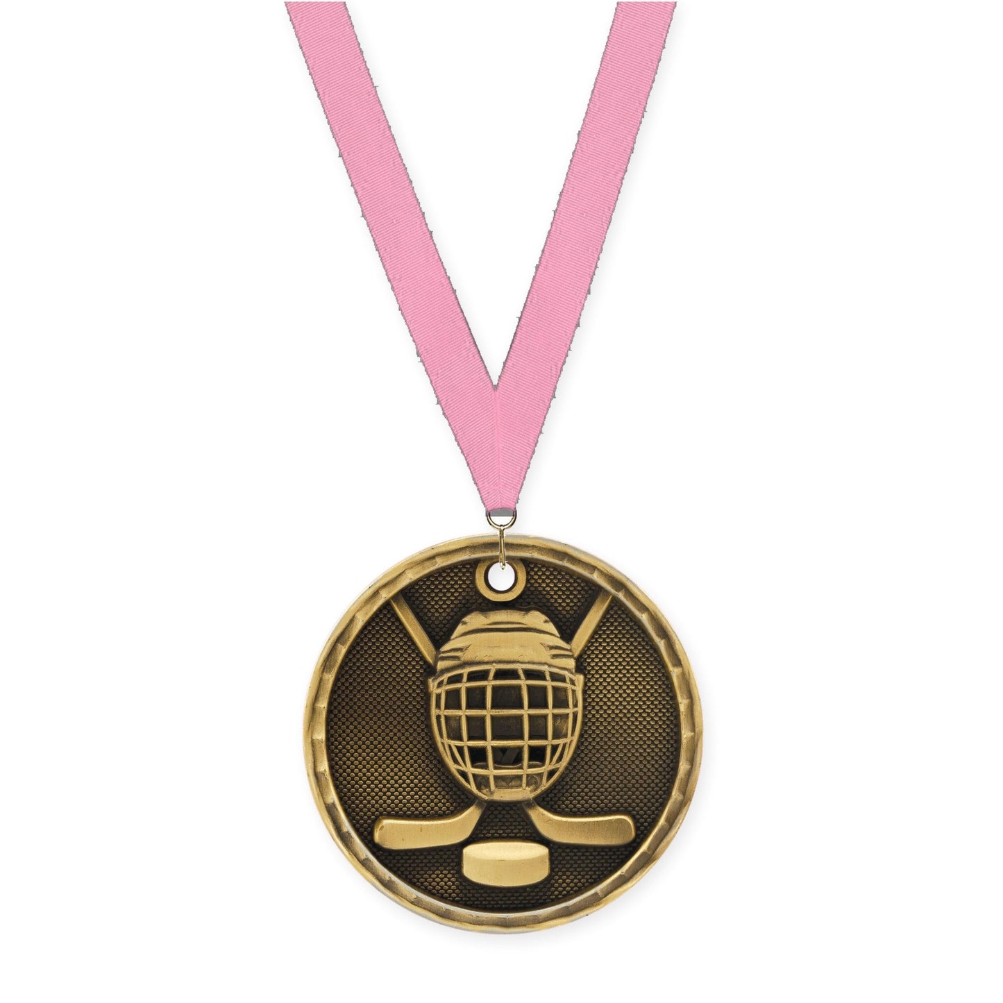 2 inch hockey 3-D medal in antique gold with Pink neck ribbon